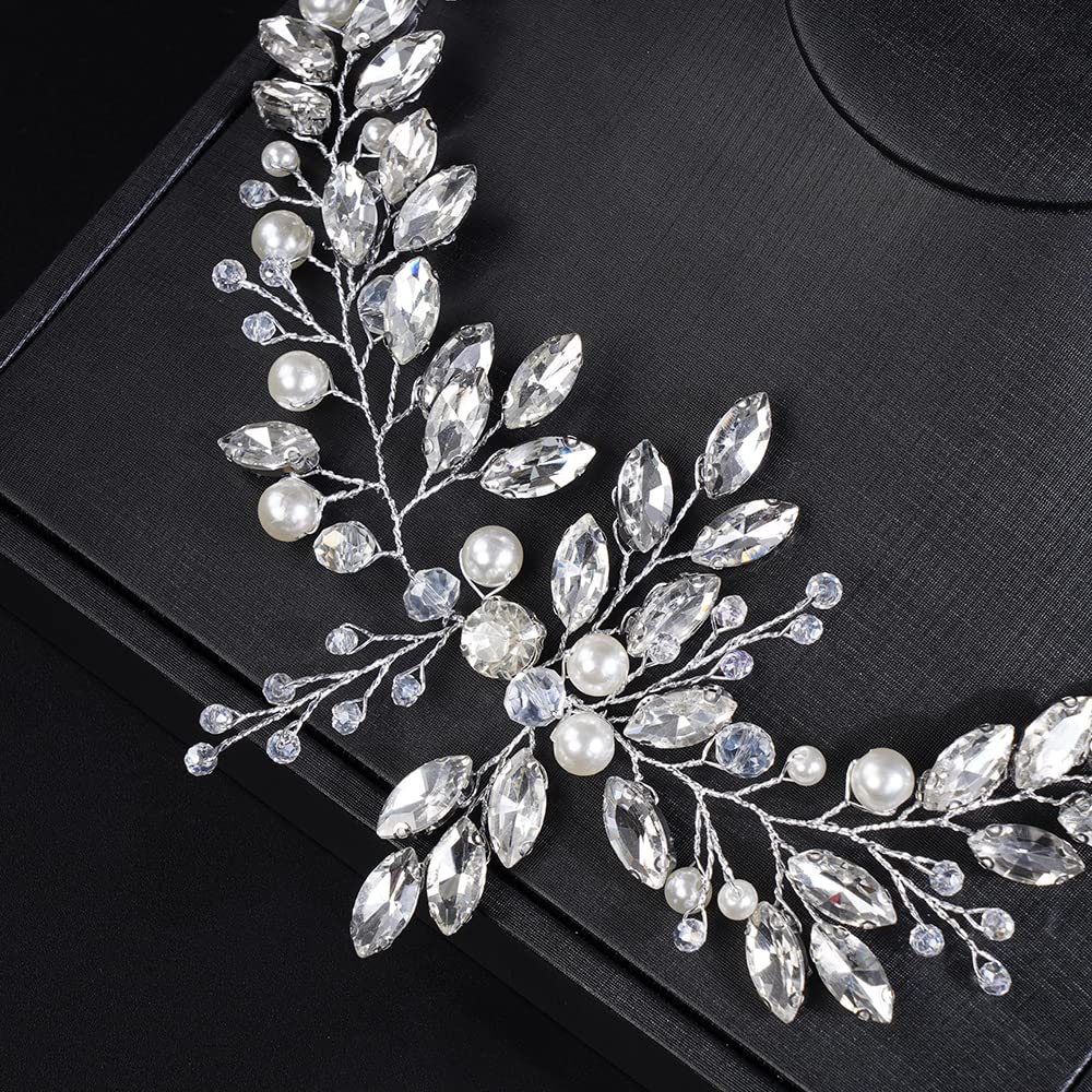 JWICOS Silver Crystal Pearl Wedding Headband for Brides - Elegant Bridal Hair Accessories & Hair Vine for Women and Girls - Perfect for Weddings, Prom, Parties and Special Occasions