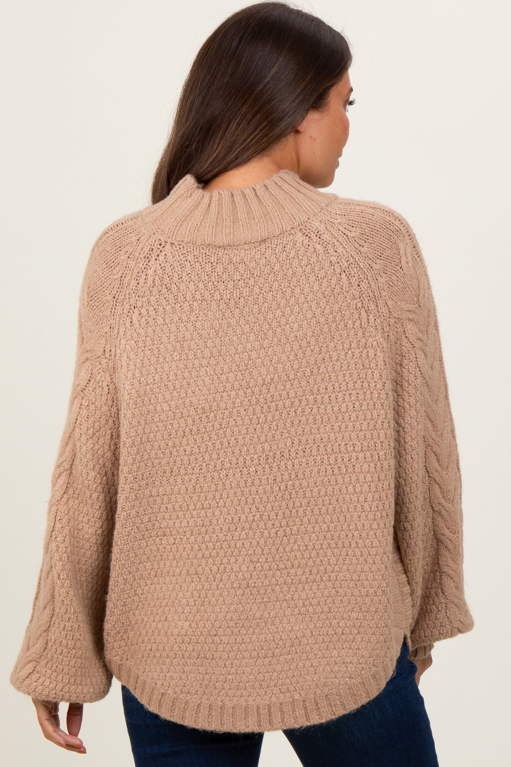 Beige Chunky Cable Knit Mock Neck Maternity Sweater for Women - Cozy Winter Pregnancy Outfit for Casual Wear & Photoshoots