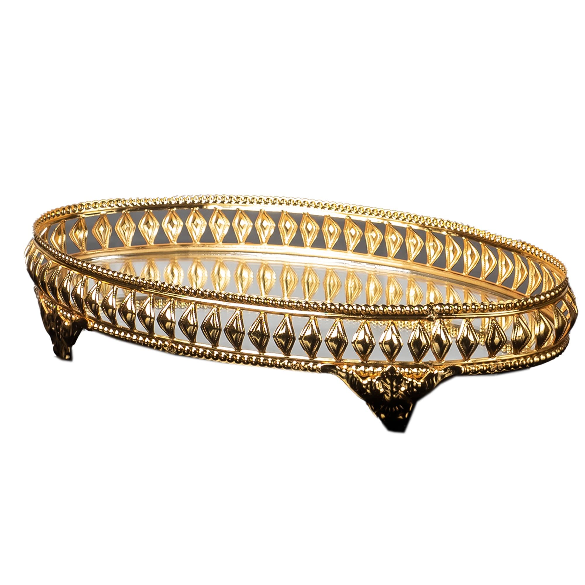 Handmade Filigree Jewelry Tray with Mirror - Gold Oval Vanity Tray for Dressing Table, Perfume Organizer & Decorative Gift - Perfect for Bedroom Decor, Jewelry Display and Luxury Home Accessories
