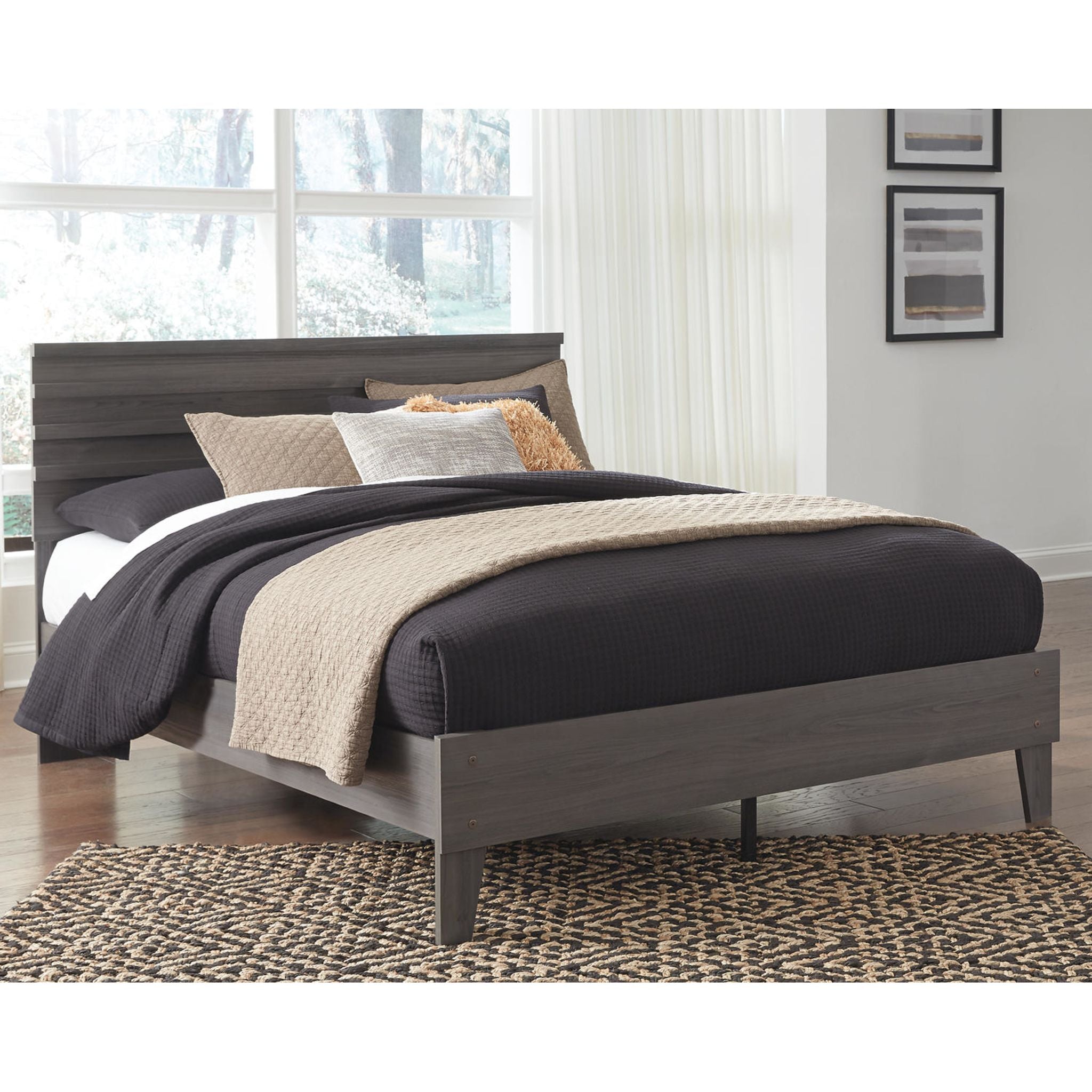 Brymont Queen Size Platform Bed Frame with Headboard - Dark Gray Wooden Finish for Modern Bedroom Decor