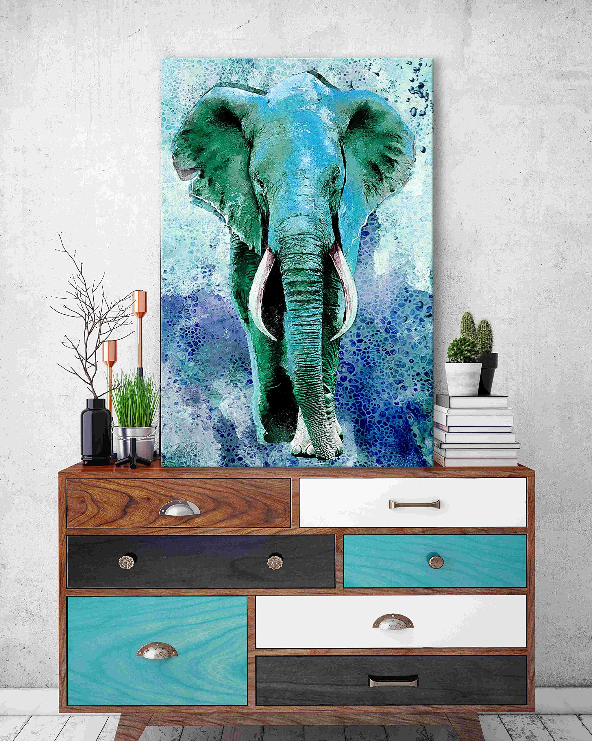 Waterproof Elephant Wall Art for Bedroom, Turquoise Paintings for Living Room, Original Teal Decor for Bathroom, Wood Framed 24x36 - Perfect for Home, Office, and Spa Decor
