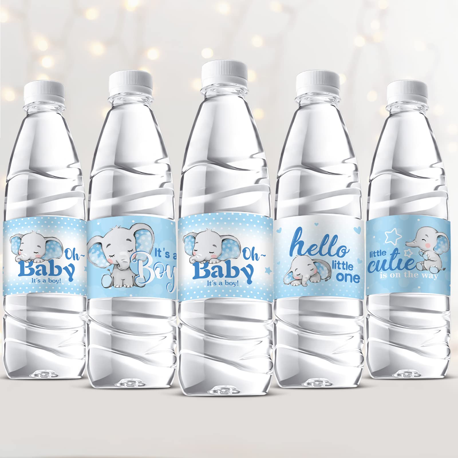 39-Pack Elephant Baby Shower Water Bottle Labels - Waterproof Bottle Wrappers & Stickers for Baby Showers, Birthday Parties - Blue Baby Shower Decorations - Perfect for Gender Reveals, Nursery Decor & Party Favors