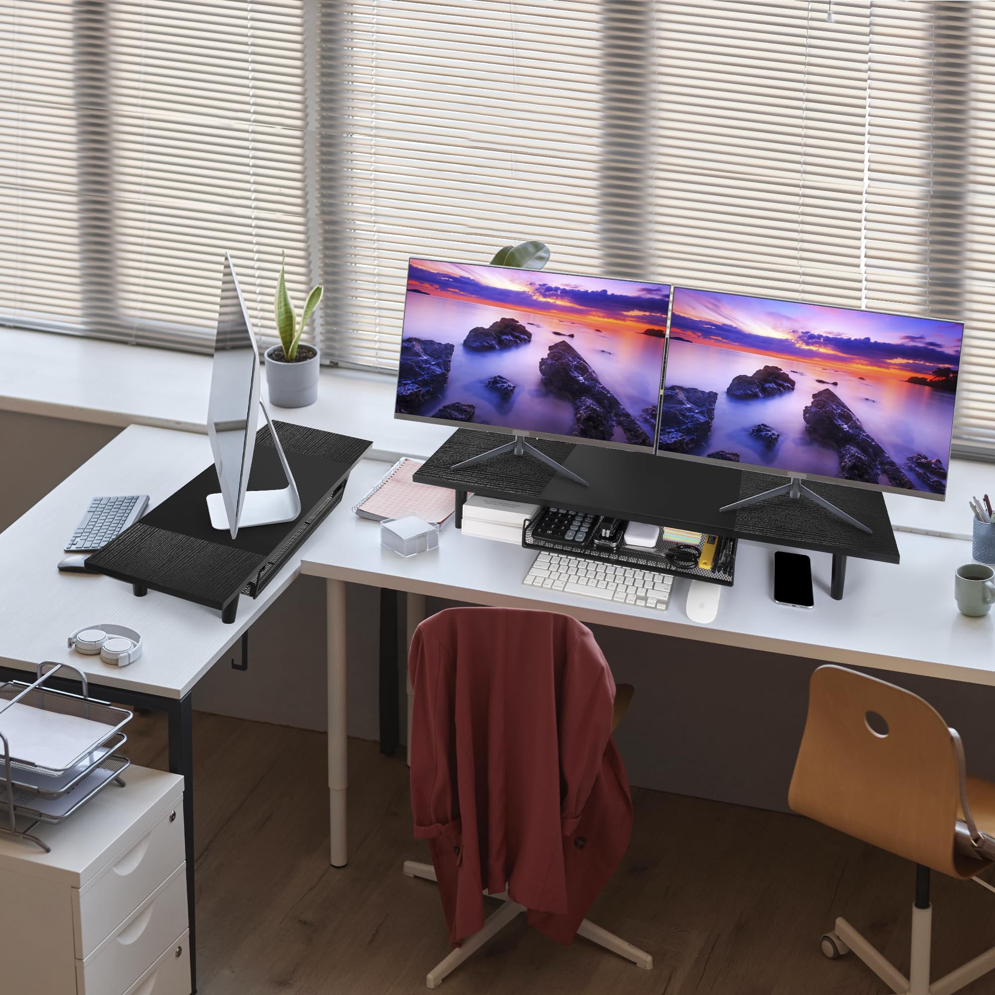 Dual Monitor Stand Riser for Desk - Expandable Desk Shelf with Drawer for 2 Monitors, Computer & Laptop Holder - Perfect for Home Office, Gaming Setup & Workspace Organization