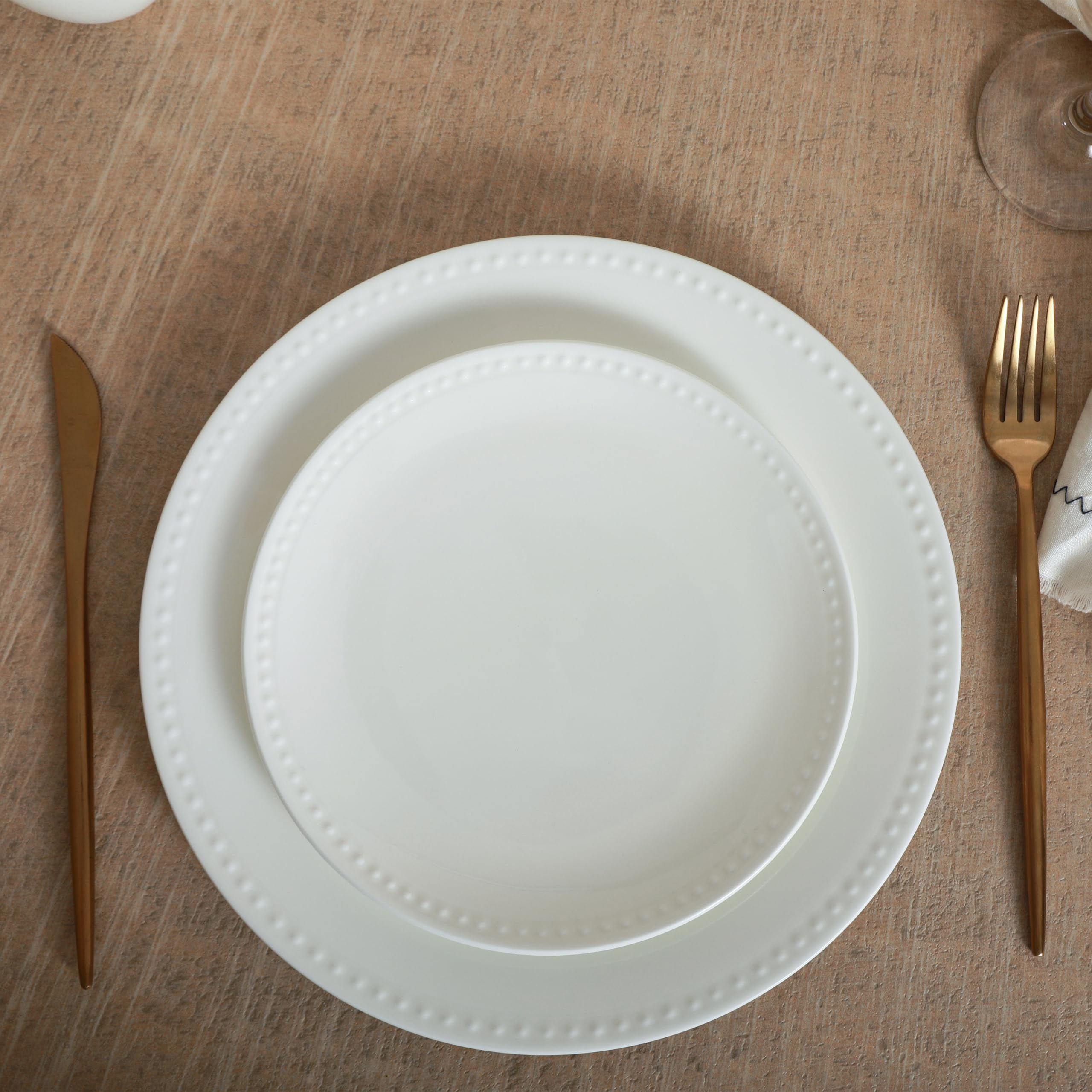 Premium Stone Lain Bone China 16-Piece Dinnerware Set - Elegant Pinpoint Embossed White Porcelain Tableware for Formal Dining, Wedding Registry & Special Occasions