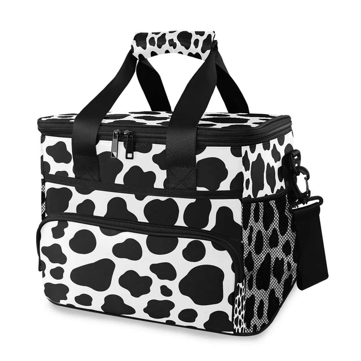 Large Insulated Cooler Bag for Camping, Picnic & Beach - Waterproof, Leakproof & Reusable Lunch Tote with Cow Print Design (White with Black Spots) - Perfect for Outdoor Travel, Work Lunch & Family Outings