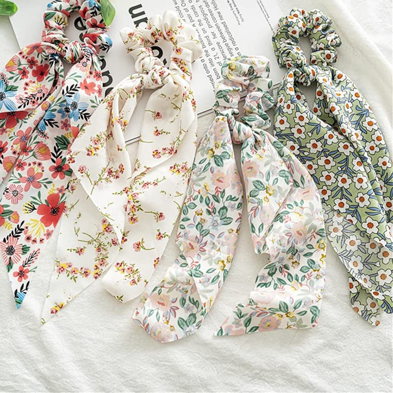 Shidara Floral Chiffon Hair Scrunchies for Women - Soft Elastic Hair Ties, Ribbon Hair Bands & Ponytail Holders (6-Piece Set) - Perfect for Office, Party, Wedding & Everyday Use