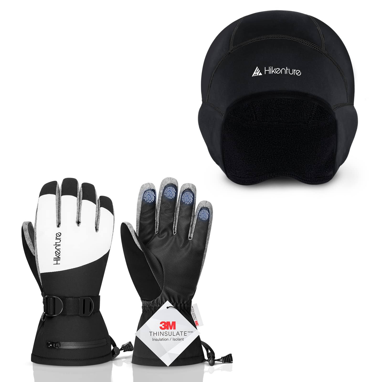 Hikenture Ski Gloves for Women & Men - Thermal Waterproof Winter Gloves Size S in Grey with Matching Black Skull Cap for Skiing, Snowboarding & Cold Weather Activities