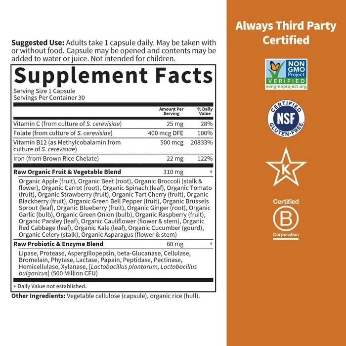 Vitamin Code Raw Iron Supplement - 30 Capsules for Energy & Immunity Support | Vegan, Non-GMO | Ideal for Active Lifestyles & Iron Deficiency