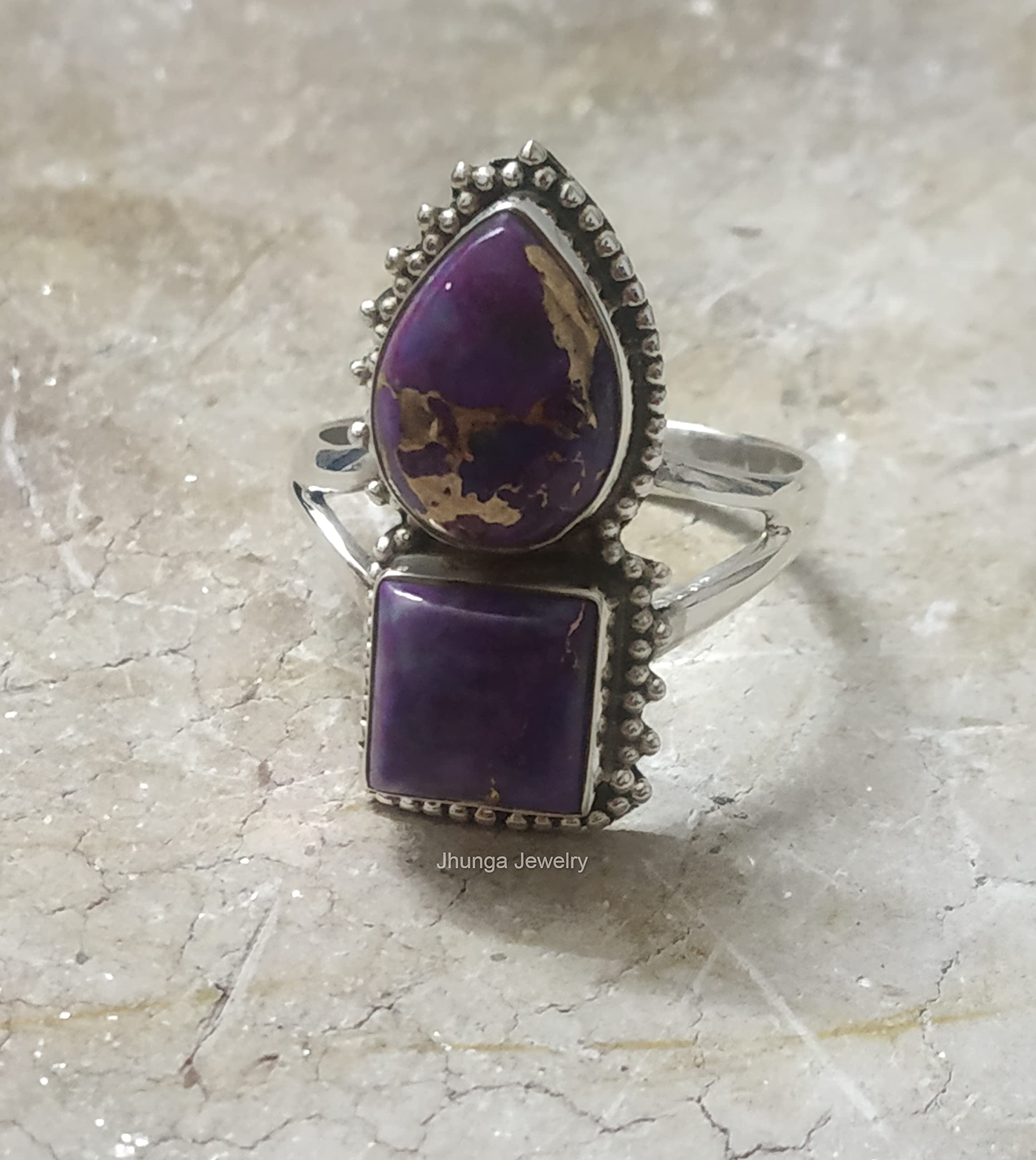 925 Sterling Silver Purple Copper Turquoise Ring - Handmade Boho Hippie Statement Ring with Healing Crystal - Vintage Style Antique Promise Ring for Women | Perfect for Boho Fashion, Spiritual Healing & Unique Gift Giving
