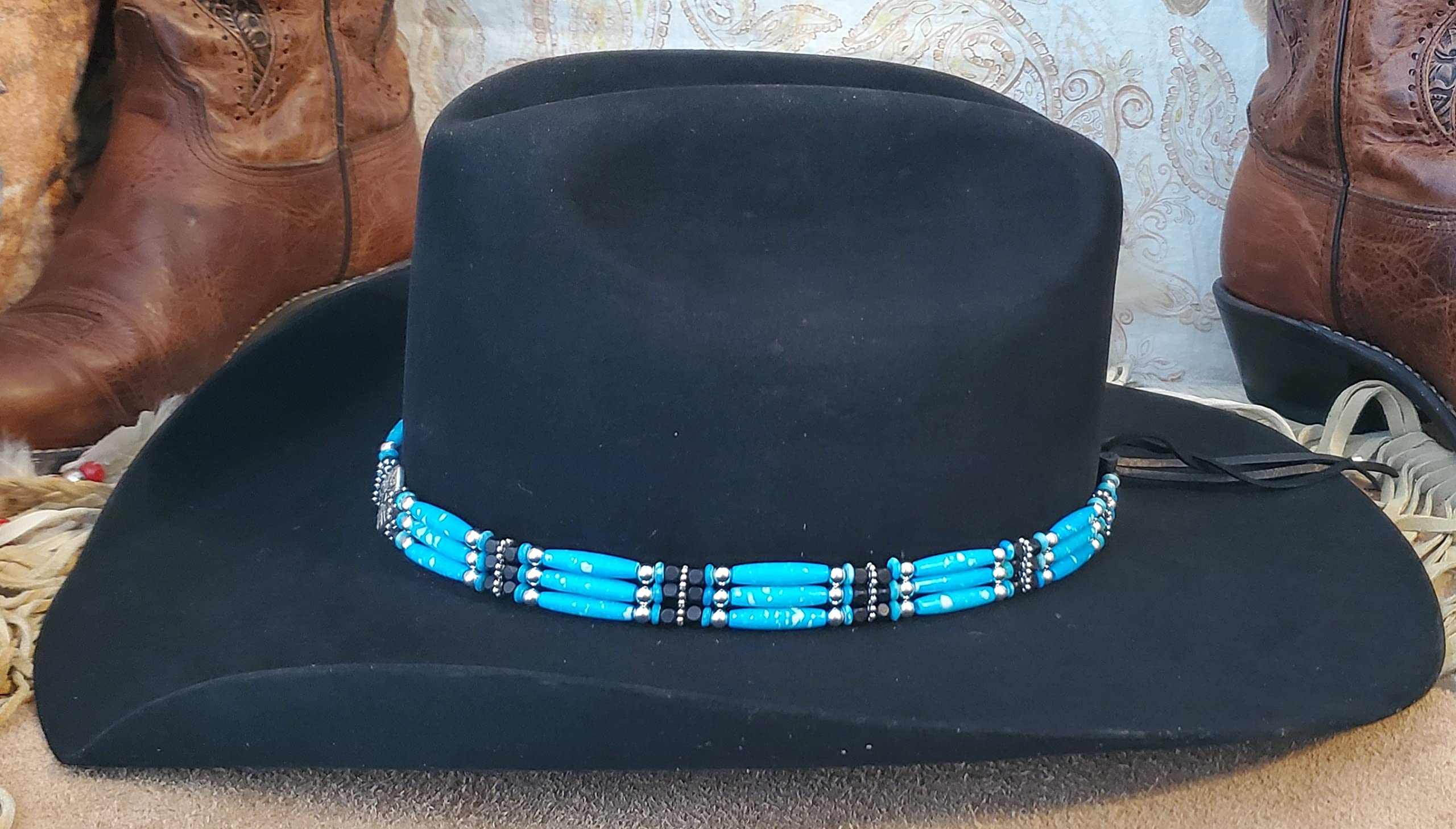 Handmade Western Cowboy Hat Band with Turquoise Hairpipe Beads & Metal Diamond Centerpiece - Vintage Style Accessory for Rodeo, Country Music Festivals & Western Fashion