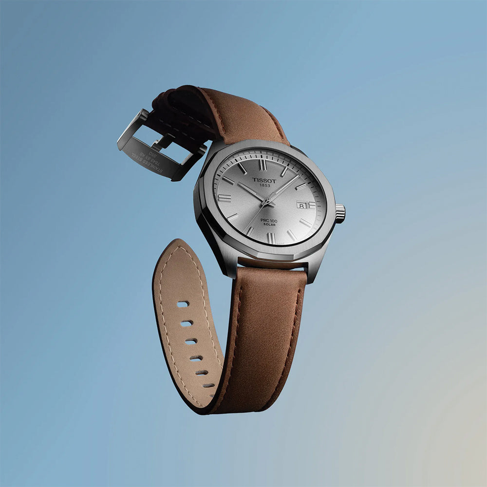 PRC 100 Solar Quartz 39mm Men's Watch - Silver Stainless Steel Case with Genuine Leather Strap | Water Resistant, Eco-Friendly Solar Power | Perfect for Business, Casual & Outdoor Activities
