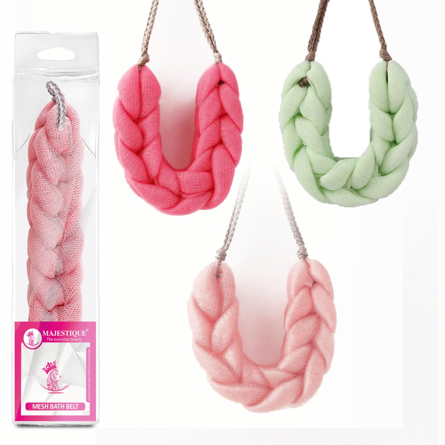Majestique Exfoliating Loofah Belt for Shower & Bath - Stretchable Braided Mesh Back Scrubber, Soft Body Wash Sponge for Women & Men - Perfect for Deep Cleansing & Skin Exfoliation - Pack of 3 Multicolor