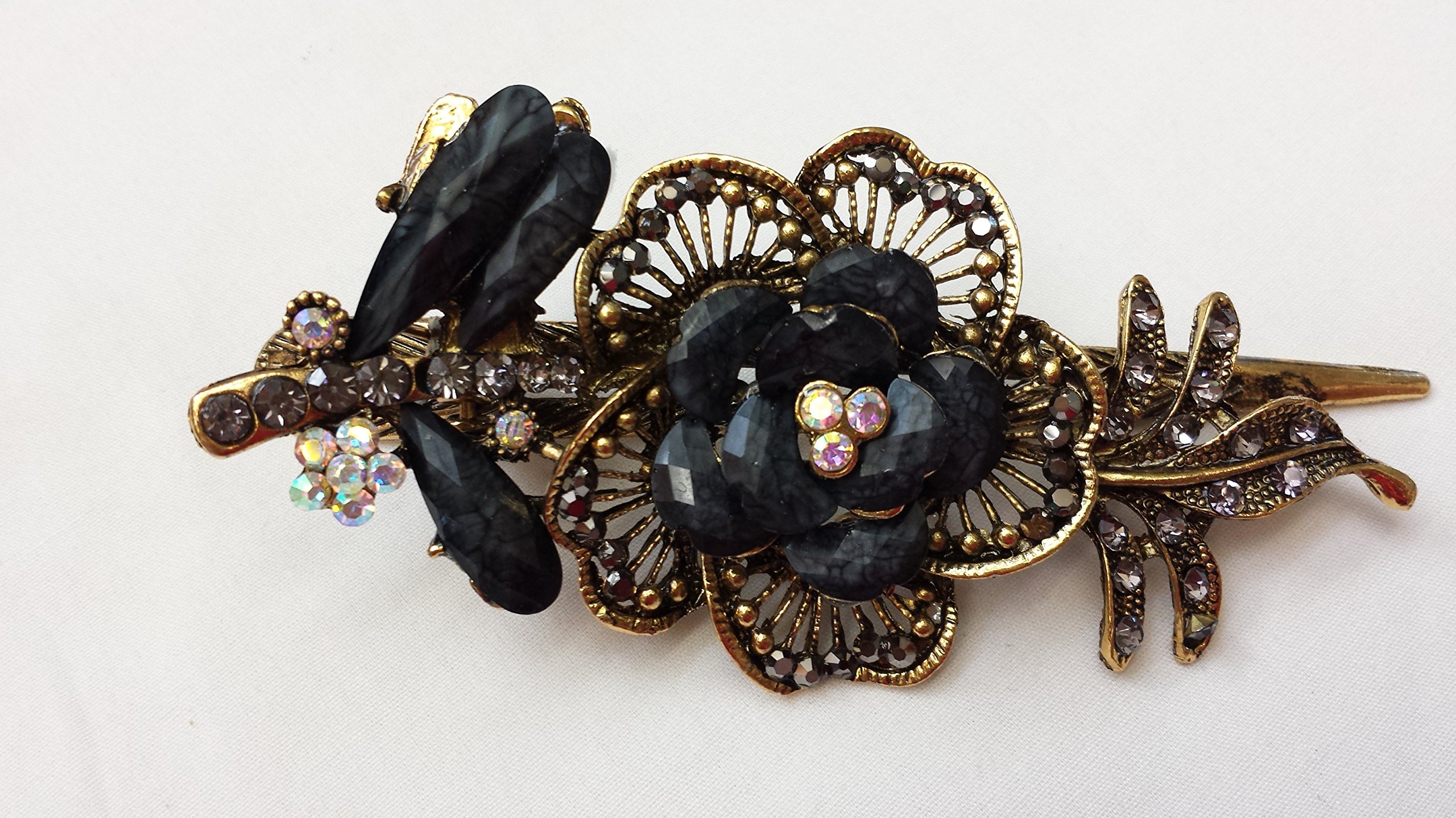 Vintage Crystal Rhinestone Flower Hair Clips - Large Charcoal Hair Pins & Sticks for Women, Fashion Hair Accessories for Parties, Weddings & Special Occasions