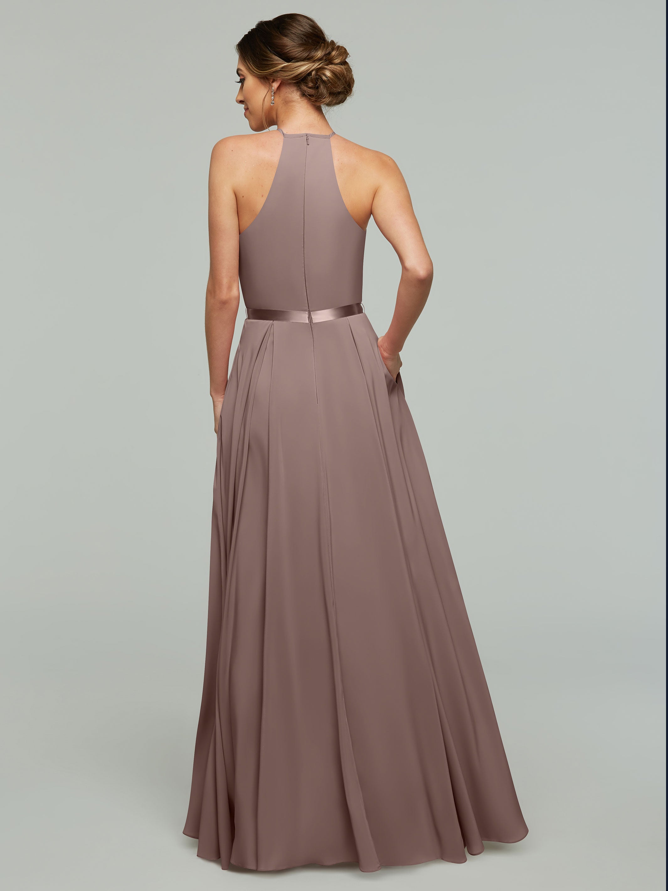 Elegant A-Line Stretch Chiffon Bridesmaid Dress with Halter Neckline & Adjustable Waist Belt - Perfect for Weddings, Formal Events & Special Occasions