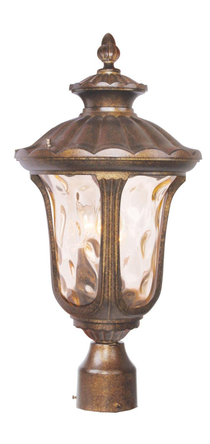 Livex Lighting 7659-50 Outdoor Post Light with Hand-Blown Amber Water Glass Shades in Moroccan Gold - Perfect for Patio, Garden, and Pathway Illumination