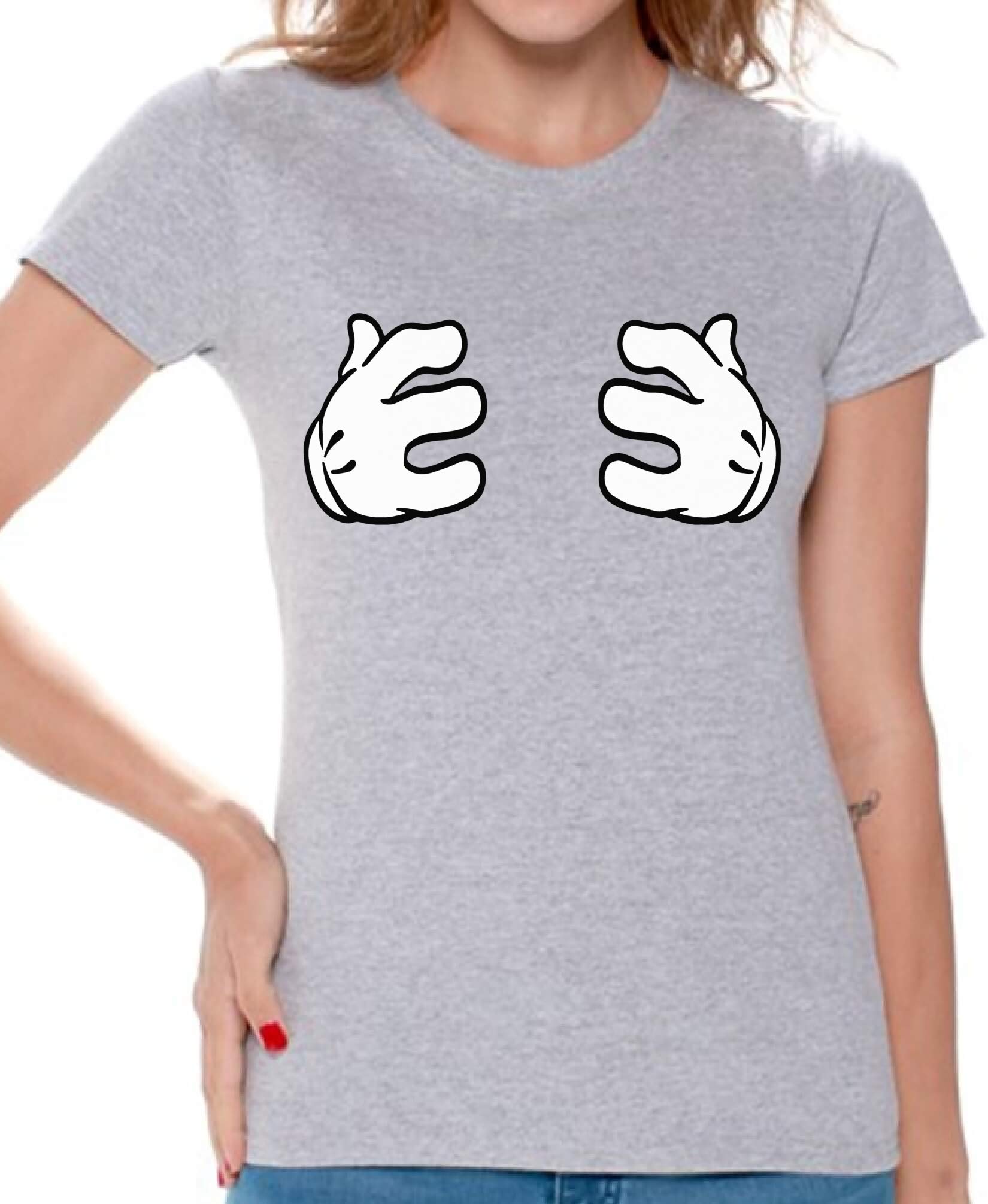 Funny Women's Cartoon Hands Grabbing Boobs Graphic Tee - Trendy Humor T-Shirt with Free Bookmark - Perfect for Bachelorette Parties & Girls Night Out