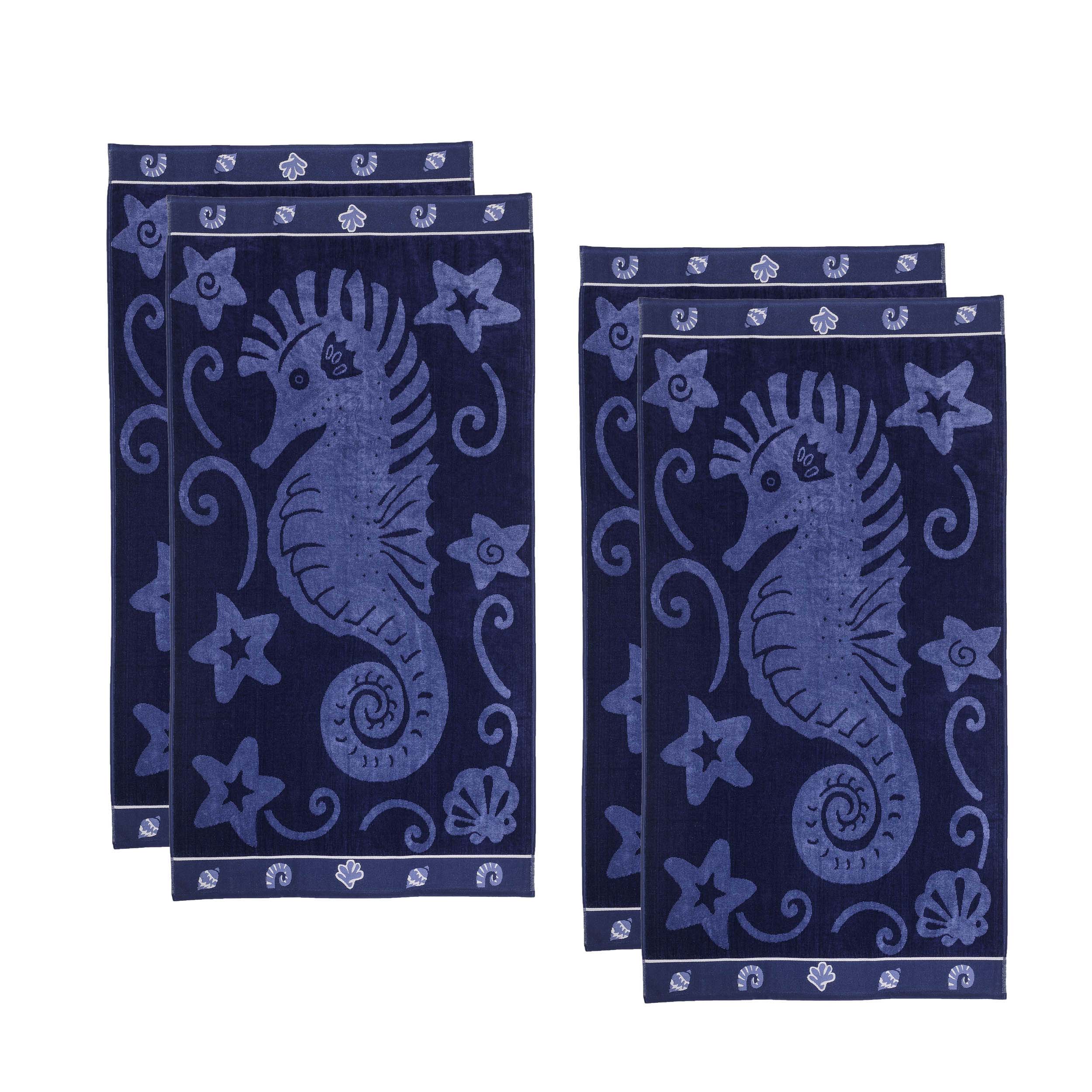 Premium Oversized Cotton 4-Piece Beach Towel Set - Ultra Soft & Absorbent - Perfect for Pool, Beach, Spa & Gym Use - Sea Horse Design - Quick Dry Bath Towels for Adults & Kids