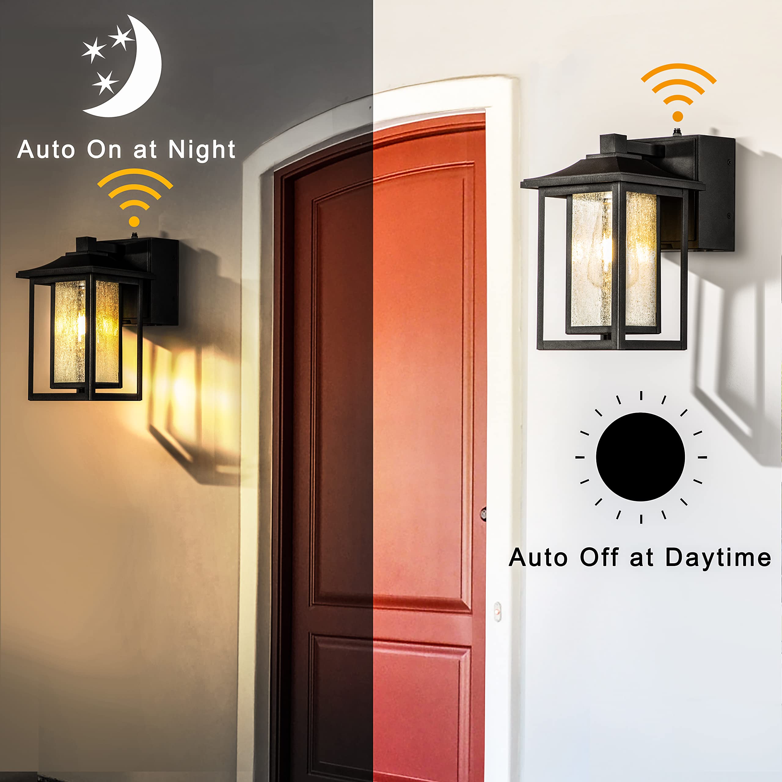 Black Outdoor Wall Light with Dusk to Dawn Sensor & Motion Detection - Seeded Glass Porch Light Fixture with GFCI Outlet - Perfect for Garage, Garden, Patio & Front Porch Security Lighting
