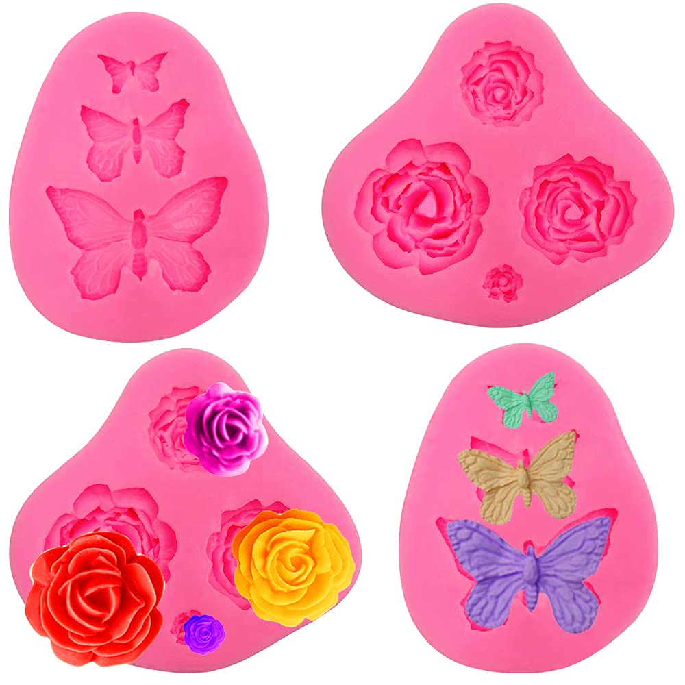 4 Pack Fondant Molds - Butterfly & Rose Silicone Molds Set for Chocolate, Cake Decorating, Polymer Clay, Soap Making - DIY Baking & Crafting Supplies for Weddings, Parties & Home Decor Projects