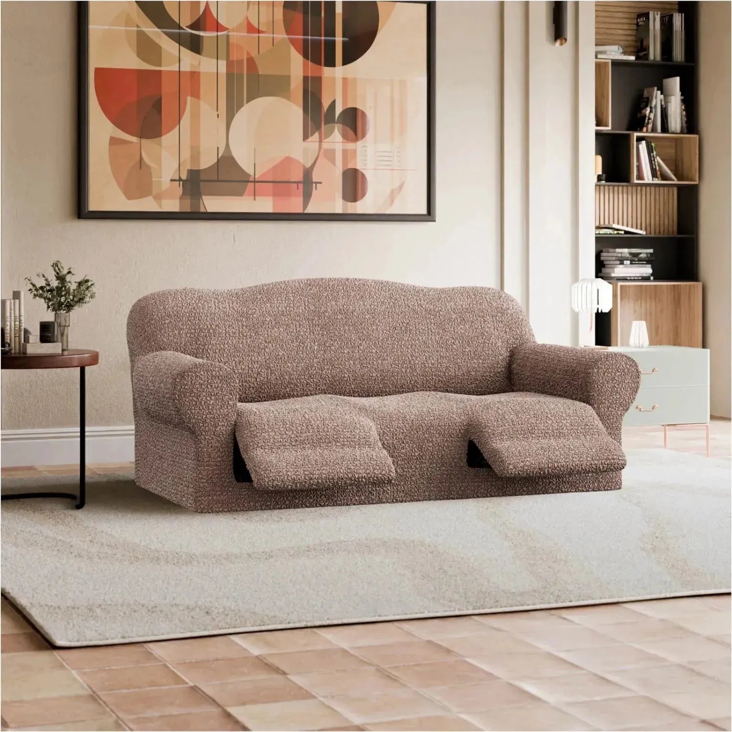 3 Seater Recliner Slipcover - Mille Righe Collection | Stretchable Sofa Cover for Living Room, Family Room & Home Theater | Easy Wash & Anti-Slip Design