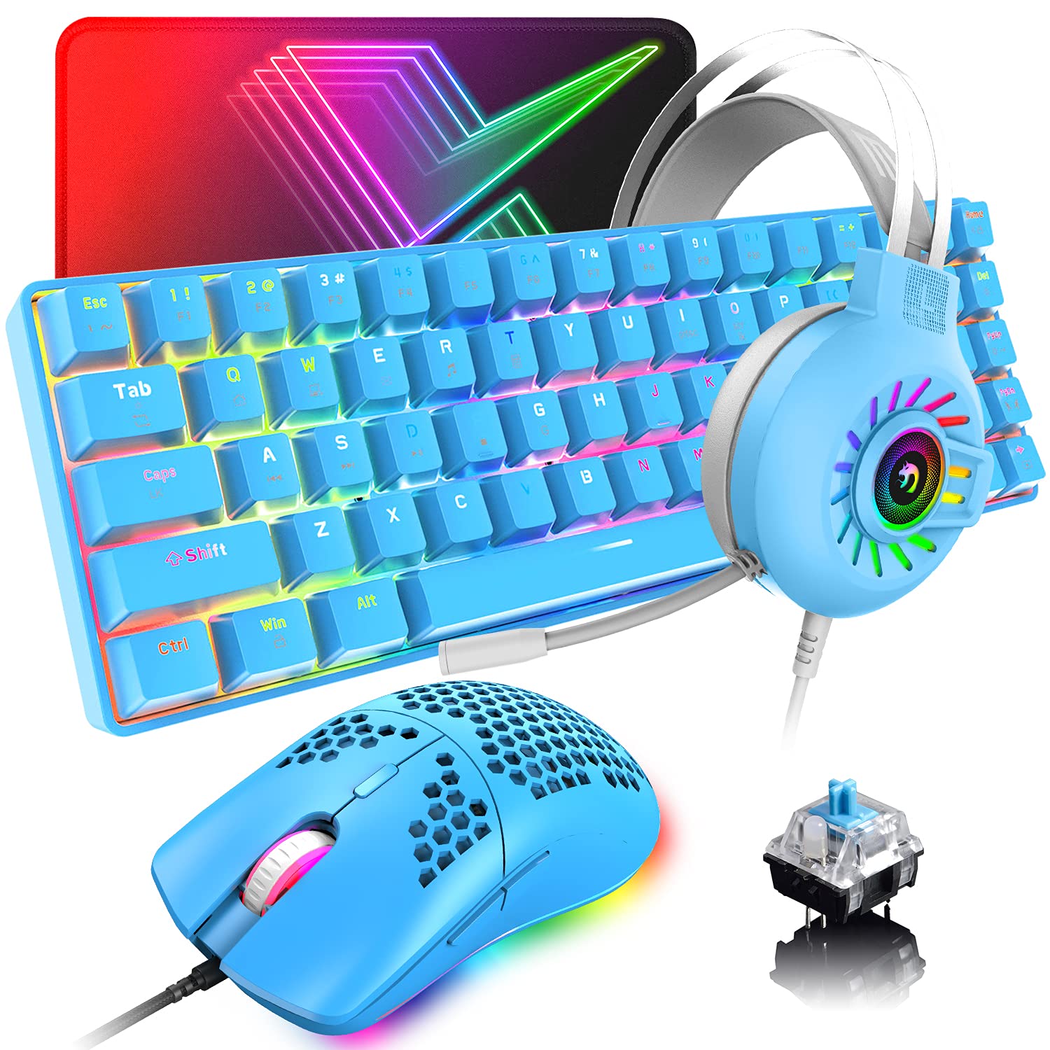 60% Mechanical Gaming Keyboard, Mouse, Mouse Pad & Headset Combo - RGB Backlit Wired 68-Key Bundle for PC, Xbox, PS4 Gamers (Blue Switch) | Perfect for Esports, Streaming & Office Work