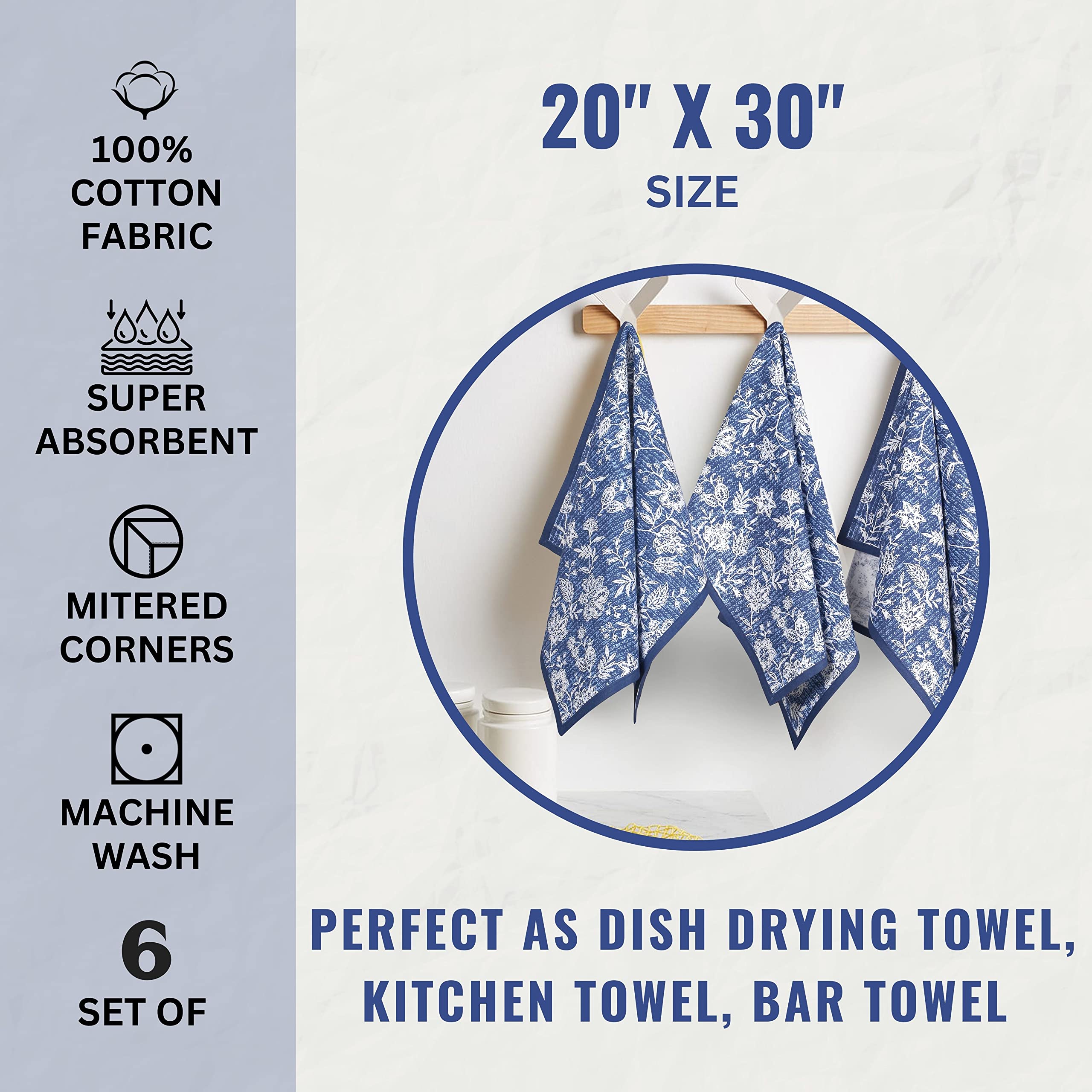 FINGERCRAFT 6-Pack Cotton Kitchen Towels - Soft, Absorbent for Home & Kitchen - Blue Floral 20x30in