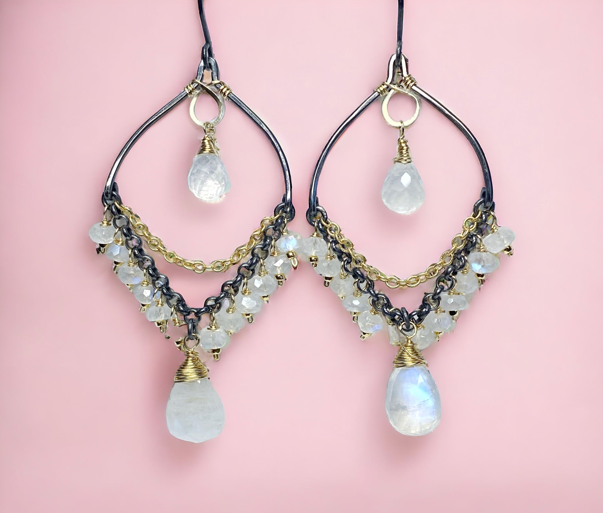 Rainbow Moonstone Mixed Metal Chandelier Earrings for Women | Elegant Bohemian Jewelry for Parties, Weddings & Special Occasions