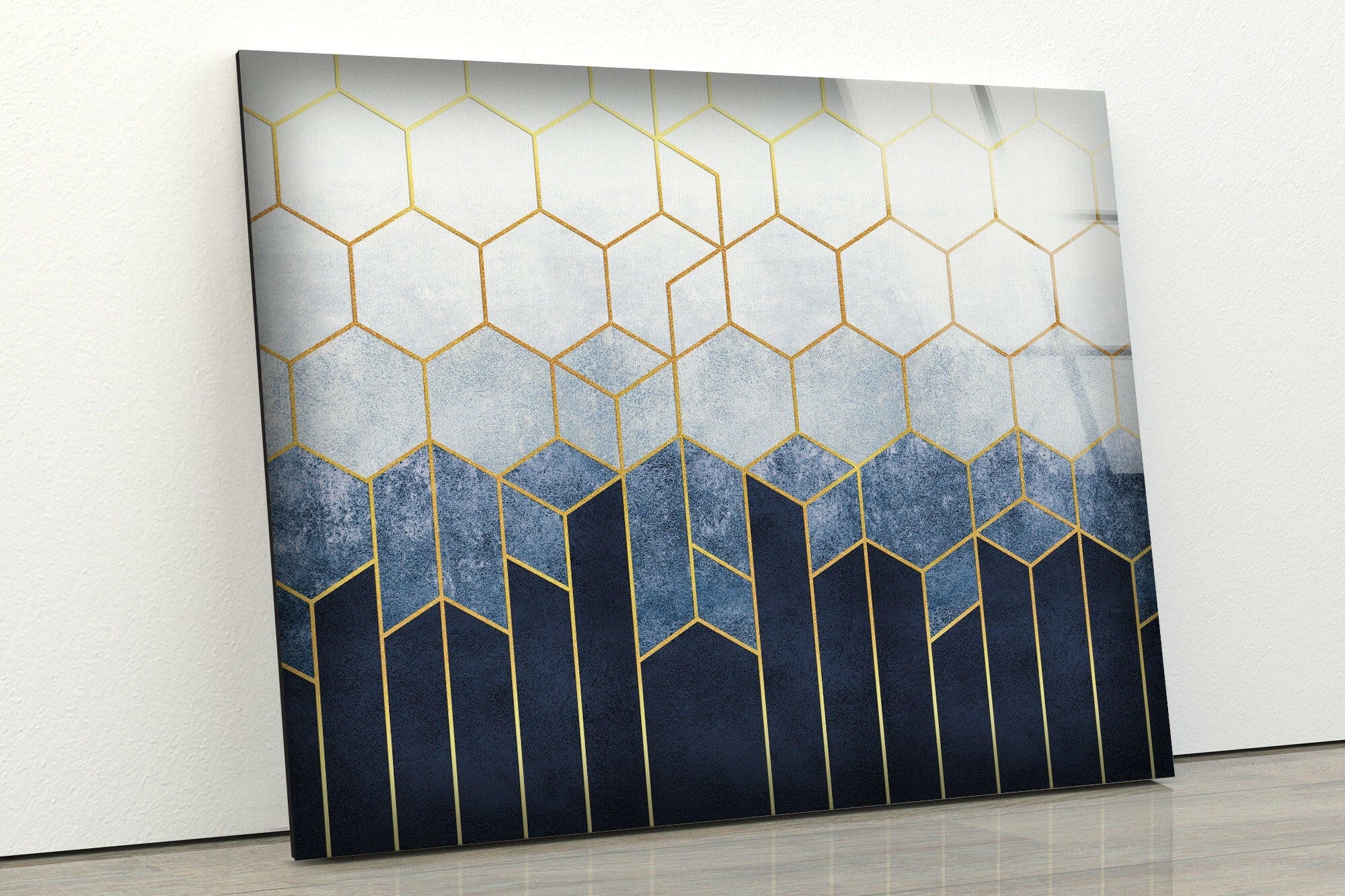 Blue Hexagons Abstract Glass Wall Art - Modern Geometric Home Decor for Living Room, Bedroom & Office