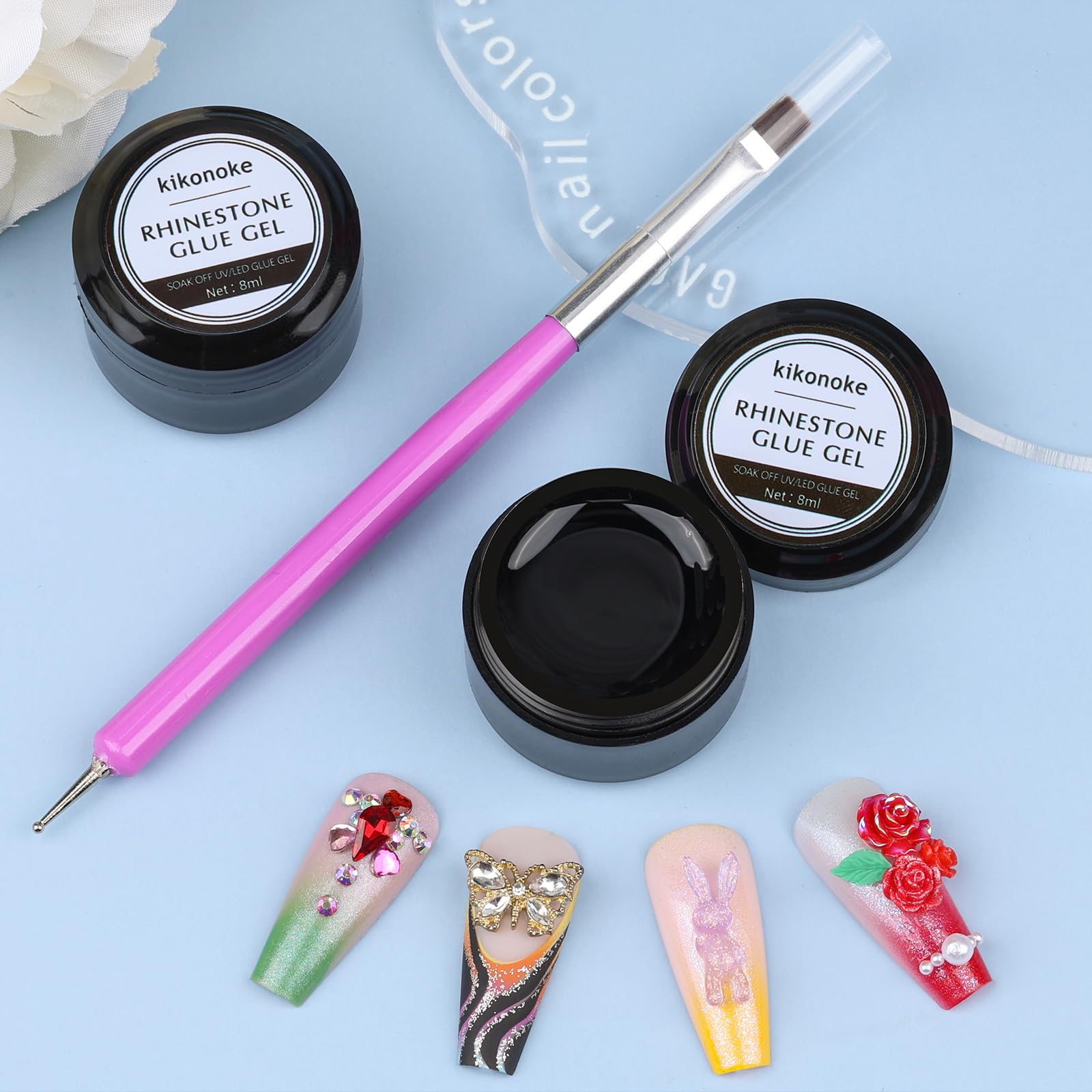 Super Strong 8ml Nail Charm Glue - Rhinestone & Jewel Adhesive with Dual-Use Brush & Dotting Tool for Nail Art Decorations (2 Pack) - Perfect for DIY Manicures, Salon Nails & Home Beauty Treatments