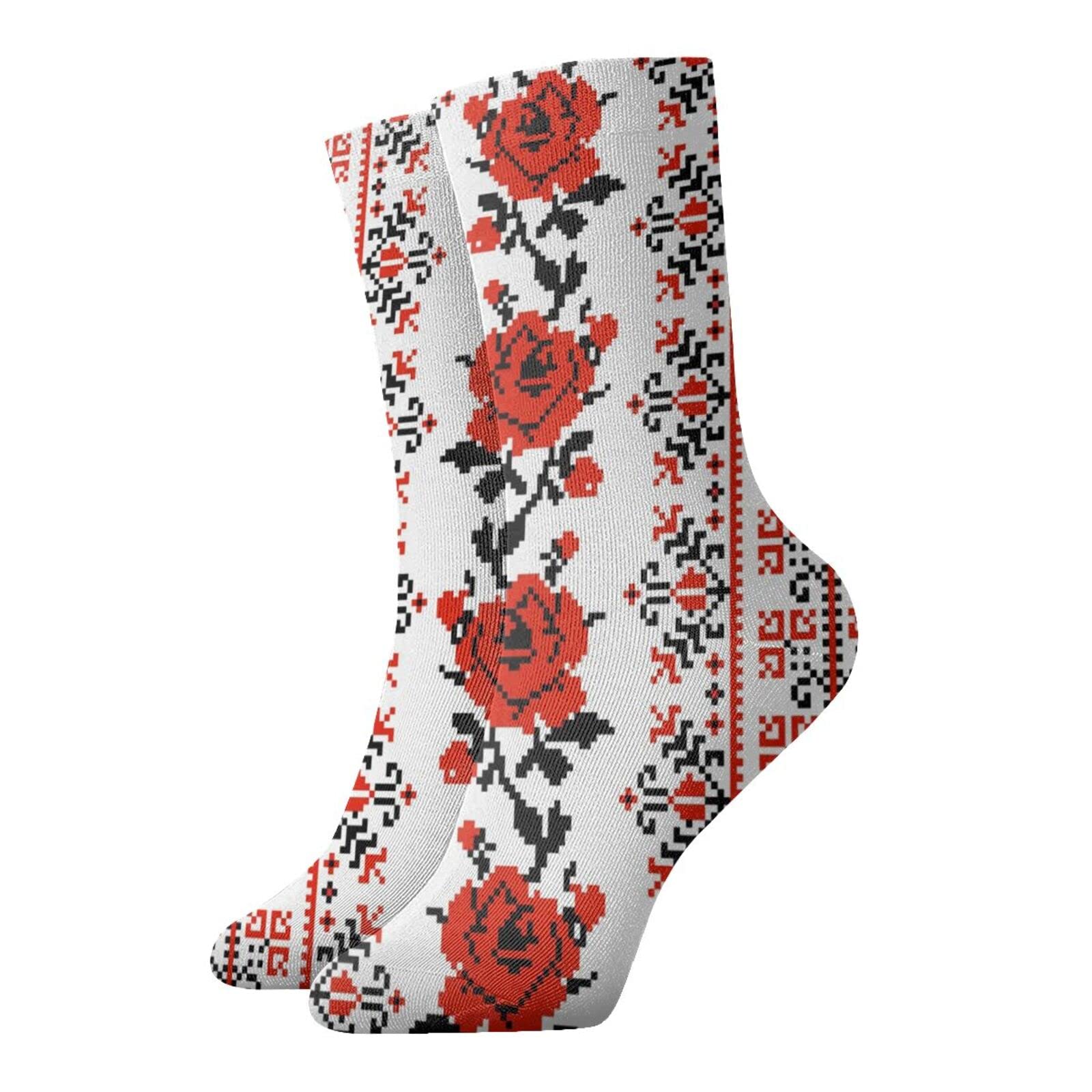 Ukrainian Embroidery Style Rose Pattern Crew Socks - Soft & Warm 12 Inch Socks for Men & Women - Perfect for Winter, Gifts, and Traditional Fashion Lovers