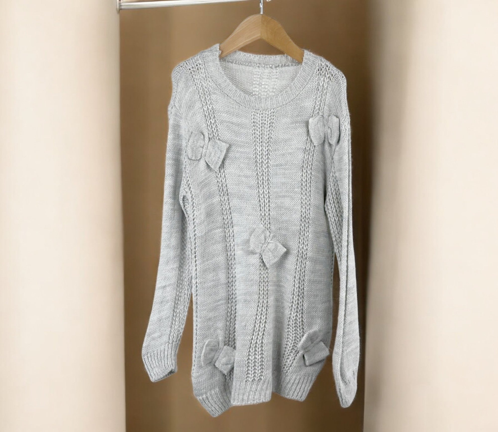 Coquette Bow Knitted Sweater - Grey Chunky Cable Knit Pullover for Women | Cozy Winter Fashion, Casual Outfit & Holiday Style