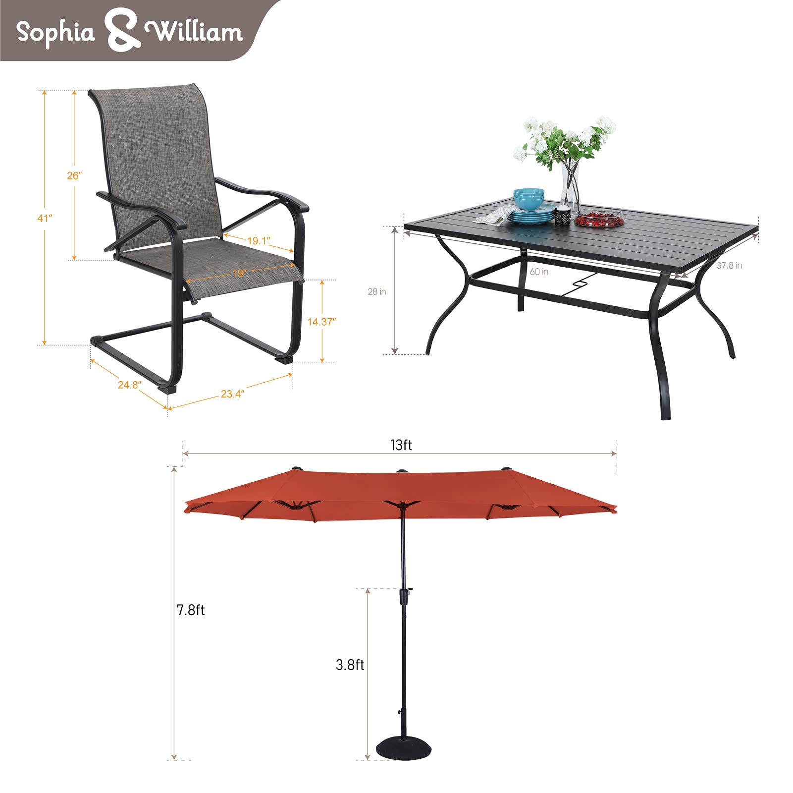 Sophia & William 8-Piece Outdoor Patio Dining Set with 6 Spring Motion Chairs & 1 Metal Table - Includes 13ft Double-Sided Orange Red Umbrella - Durable Metal Furniture for Garden, Lawn, Backyard - Perfect for Outdoor Entertaining, BBQs, and Relaxing in Your Yard