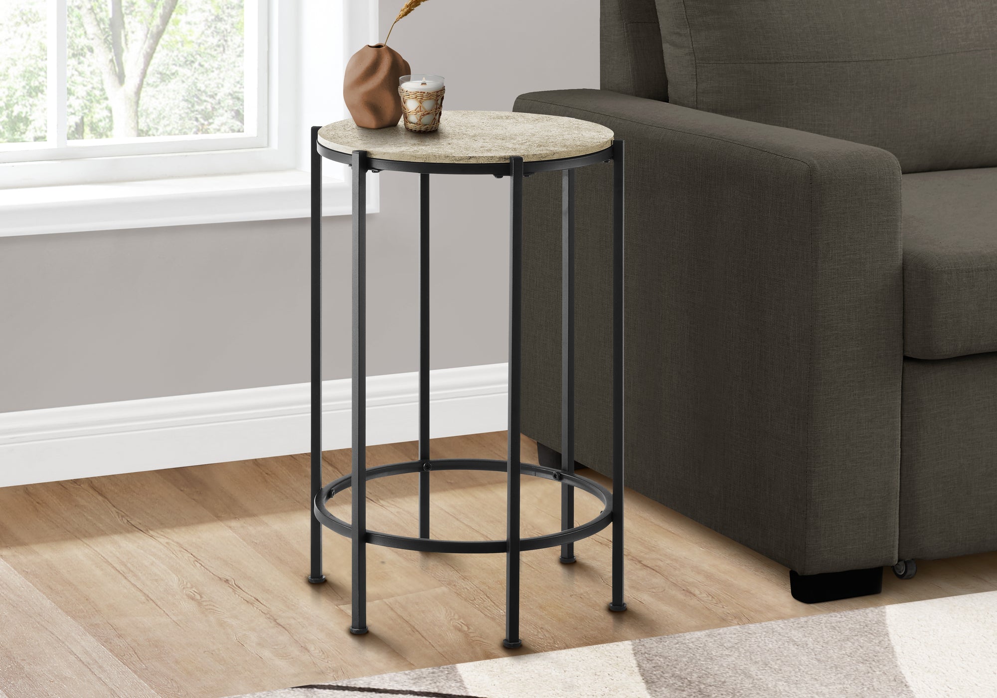 Modern Round Side Table - Cream Stone Laminate Top with Black Metal Base - Perfect for Living Room, Bedroom or Office Decor
