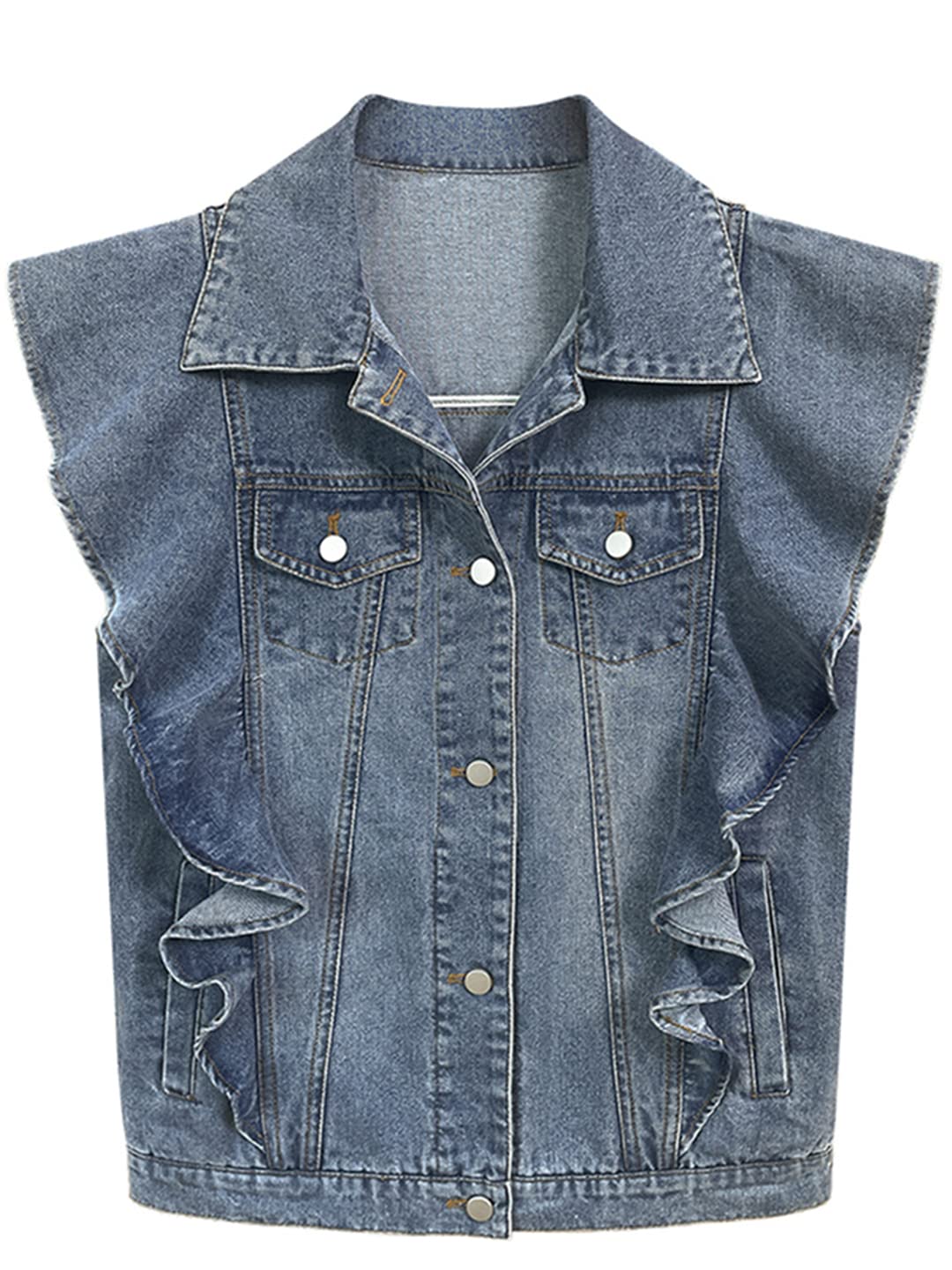 Women's Denim Vest with Turn-Down Collar & Patchwork Details - Single Breasted Jacket with Ruched Pockets | Casual Outfits, Layering Piece for Spring/Fall Fashion