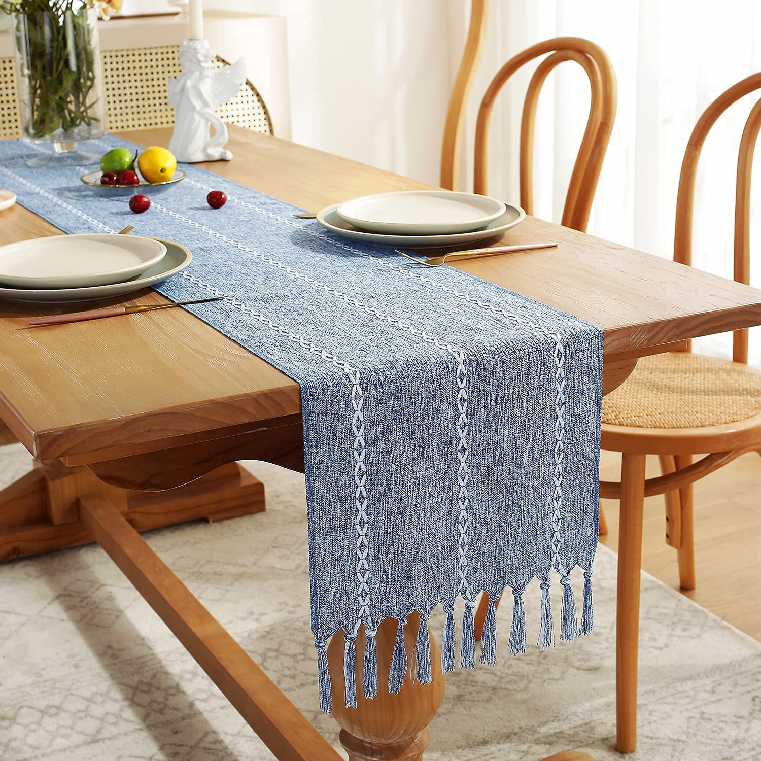 Rustic Farmhouse Linen Table Runner 90 Inches - Handmade Boho Tassel Embroidery Table Decor for Holiday Party, Dining Table, Dresser, Wedding & Home Decor (13x90 Inch, Blue) - Perfect for Farmhouse, Boho & Rustic Themed Events