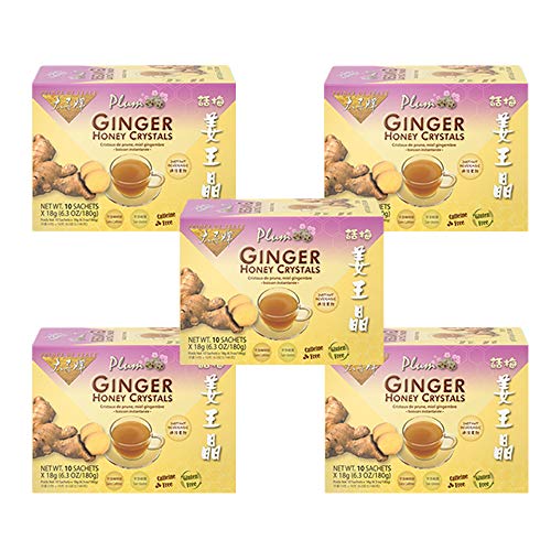 Prince of Peace Plum Ginger Honey Crystals - 5 Pack for Nausea & Sore Throat Relief - Hot/Cold Drink