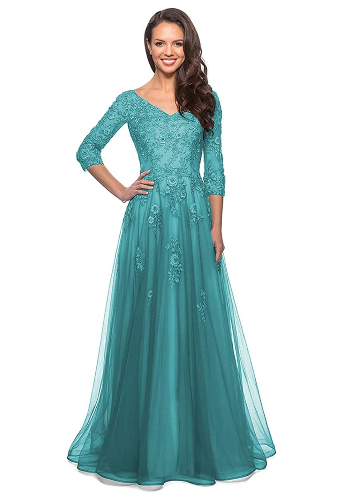 Elegant V-Neck Mother of the Bride Dress with 3/4 Sleeves - Long Formal Evening Gown for Weddings, Prom & Special Occasions
