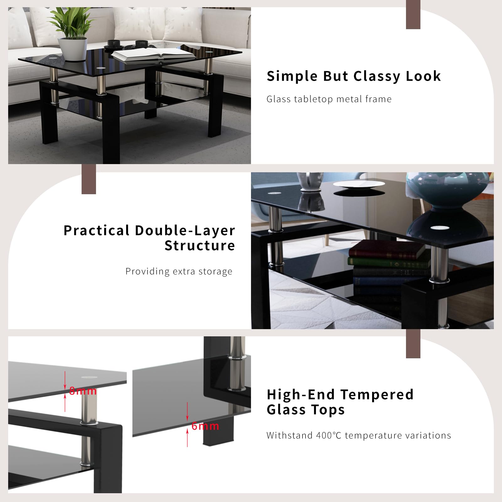 Modern Black Glass Coffee Table Set - 3 Piece Living Room Furniture with Metal Frame & Tempered Glass (1 Coffee Table + 2 End Tables) - Perfect for Small Spaces, Apartments, Home Offices - Ideal for Living Room Decor, Family Gatherings & TV Lounge Areas