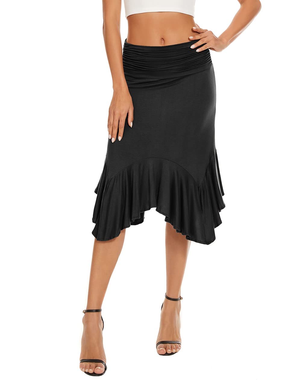Women's Flowy Handkerchief Hem Midi Skirt with Ruched Elastic Waist - Trendy Wrap Skirt for Summer, Beach, Office & Casual Outfits