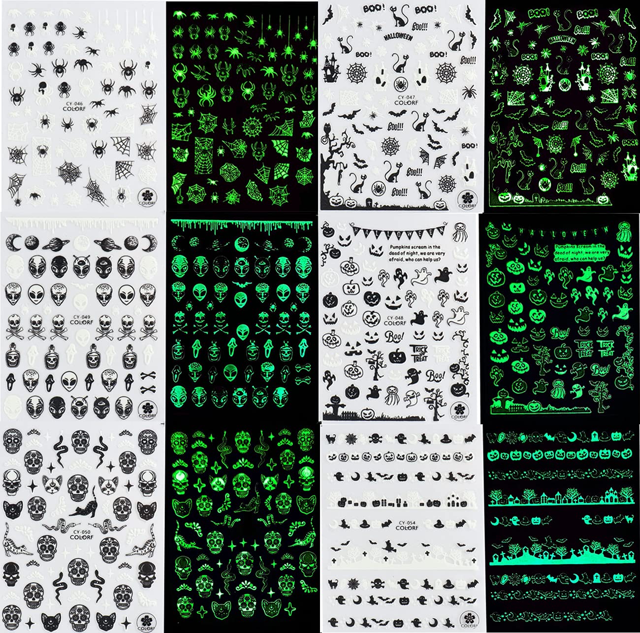 6 Sheets Halloween Nail Stickers - Skull Ghost Spider Bat for DIY Nail Art | Party & Costume Nails