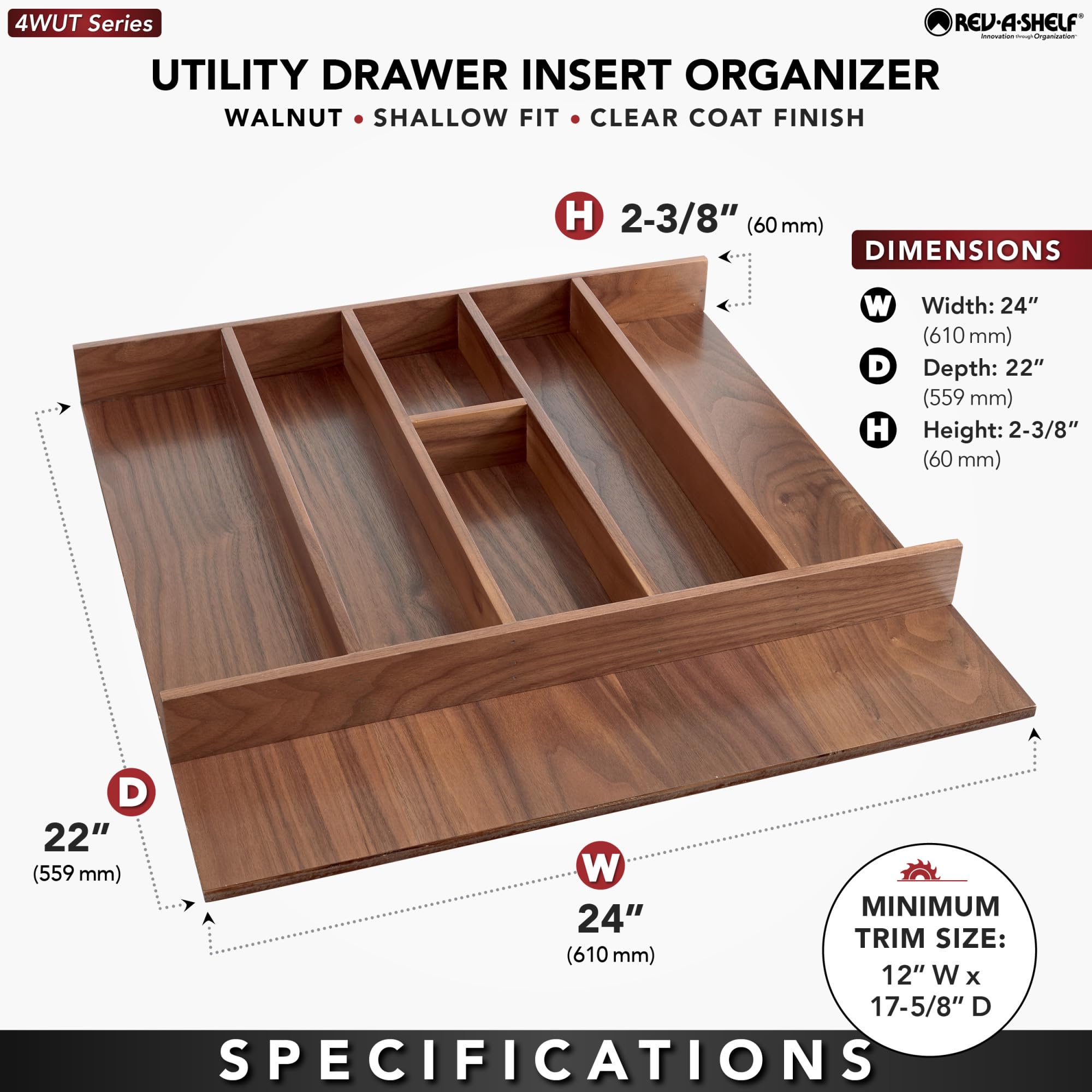 REV-A-SHELF Walnut Trim-to-Fit Shallow Utensil Drawer Organizer - Kitchen Drawer Insert for Knives, Spoons & Cooking Tools - Perfect for Home Kitchen Organization & Storage