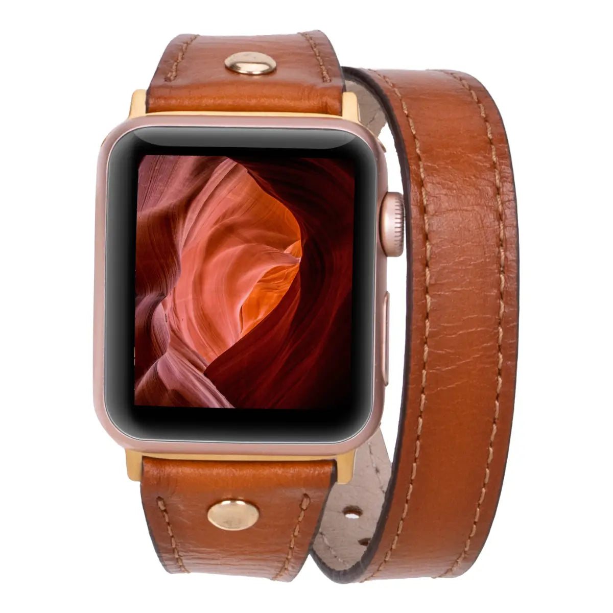 Burnished Tan Leather Double Tour Slim Apple Watch Band with Gold Rivet - Stylish & Durable Replacement Strap for Work, Travel & Everyday Wear