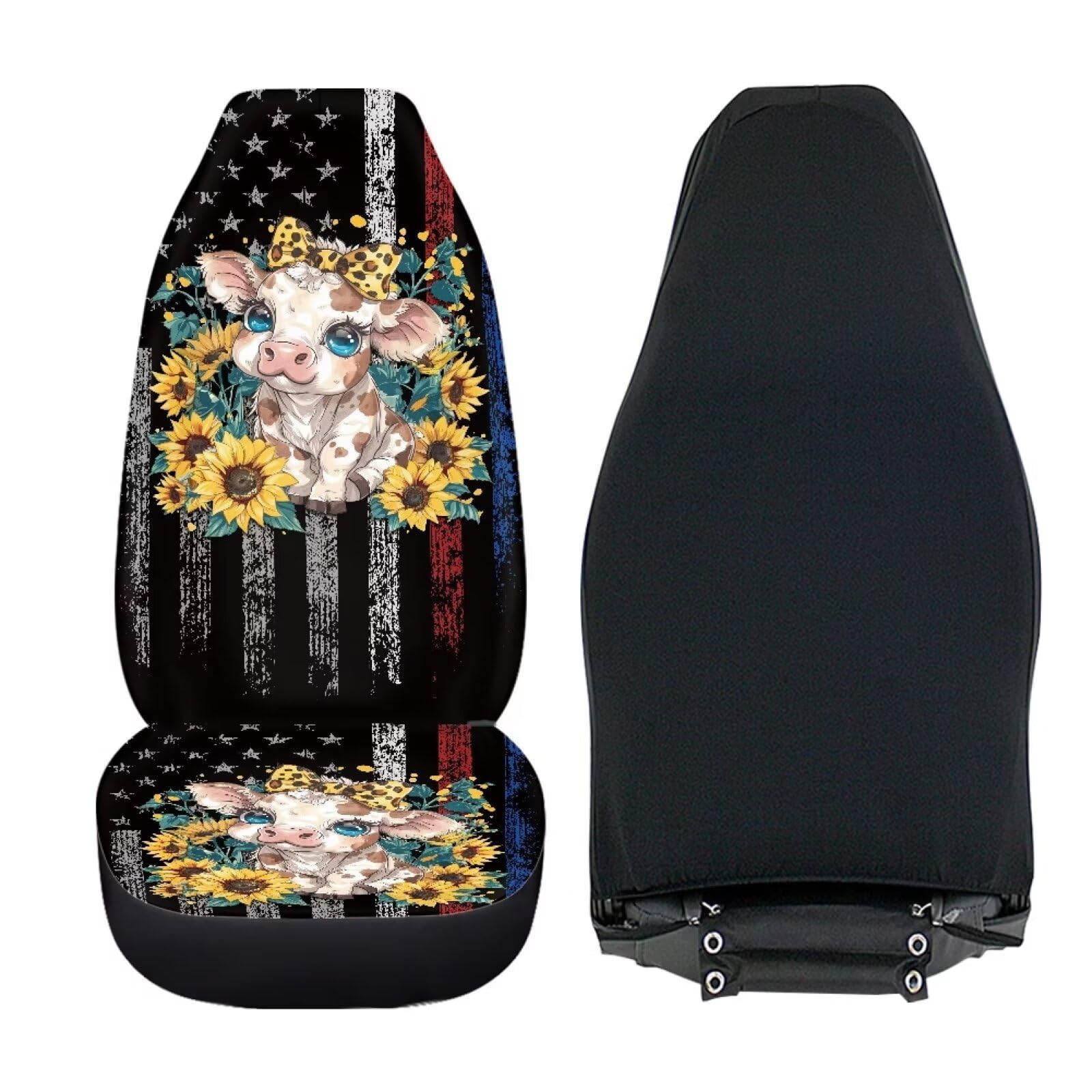 American Flag Cow Sunflower Car Seat Covers - 2 Piece Universal Fit Front Bucket Seat Protectors for Cars, Trucks & SUVs | Easy Install Auto Interior Decor | Perfect for Patriotic, Farmhouse & Country Style Vehicle Themes