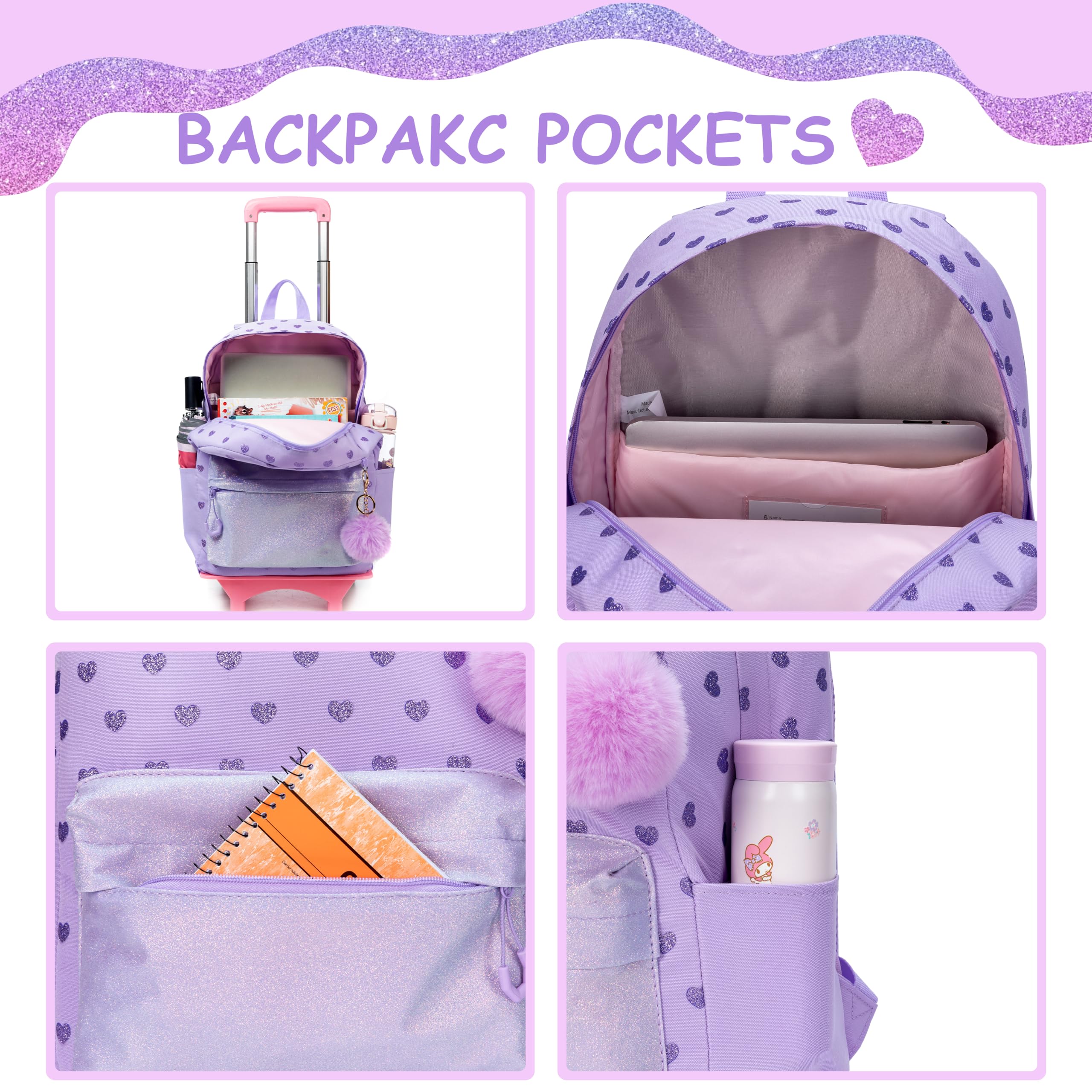Purple Rolling Backpack for Girls - Wheeled School Backpack for Teens & Kids with Lunch Box | Perfect for School, Travel & Daily Commute