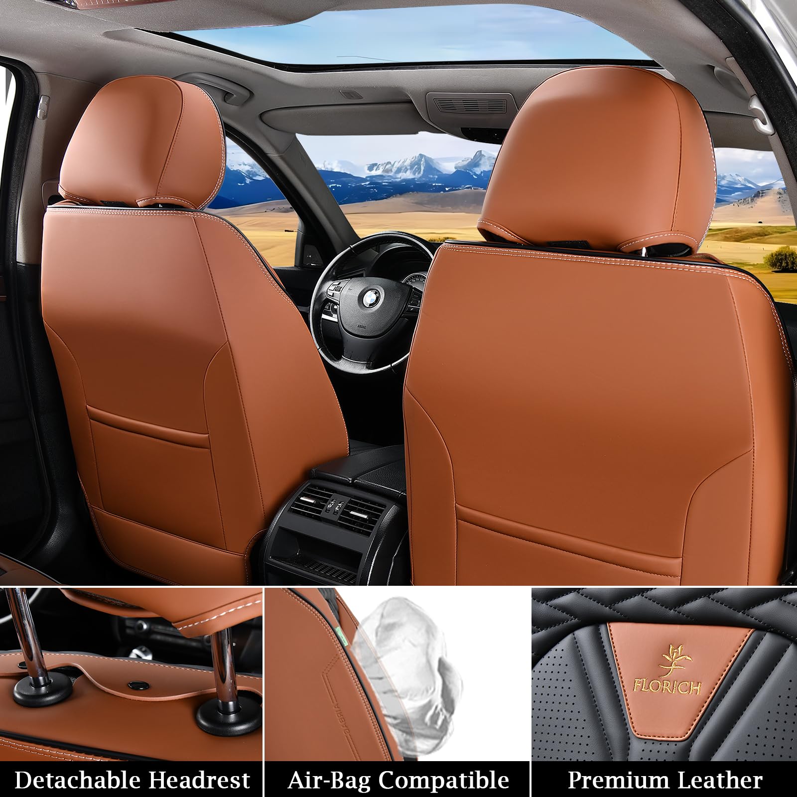 Premium FLORICH Leather Car Seat Covers Full Set (5 Seats) - Universal Fit for Most Cars & Trucks - Brown & Black - Luxury Protection & Comfort for Daily Commute, Road Trips & Family Travel