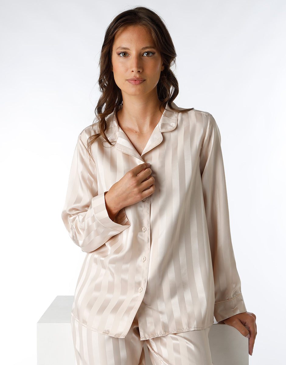 Women's Long Satin Almond Open Front Pajama Set - Elegant Sleepwear for Relaxing at Home & Cozy Lounging
