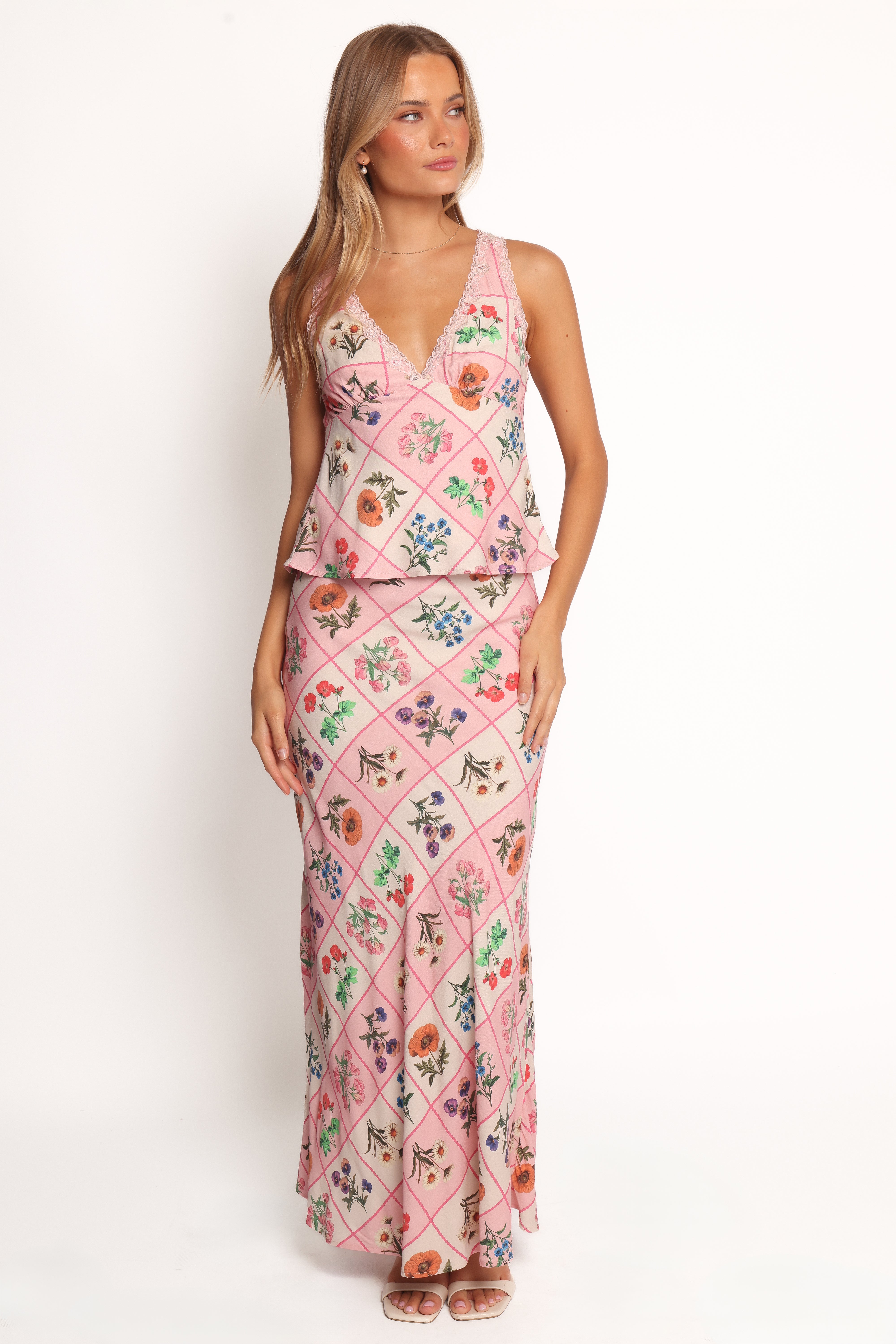 Brinley Maxi Skirt Floral Tile Print - Women's Long Boho Skirt for Summer, Beach, Vacation & Casual Outfits