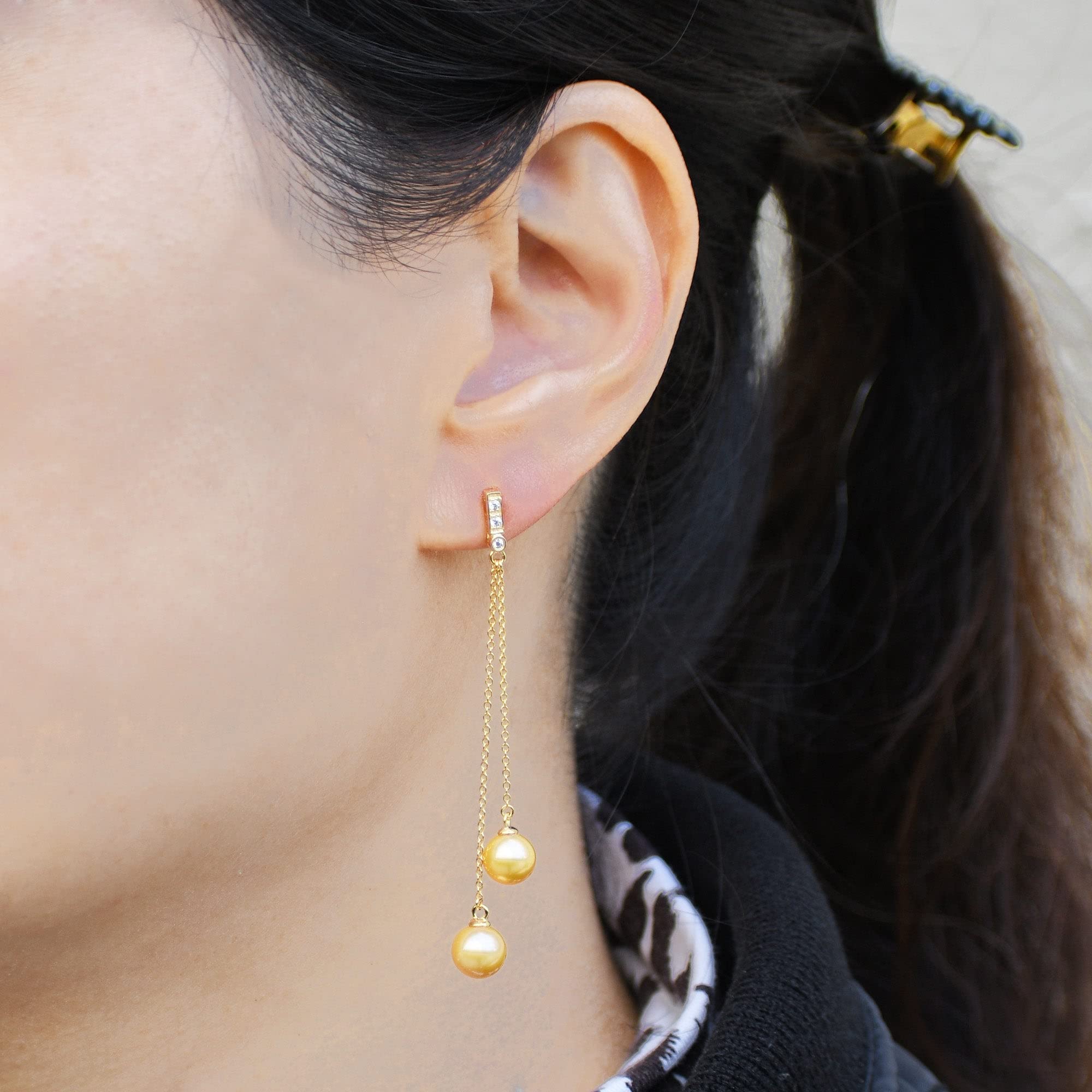 18k Yellow Gold Plated S925 Sterling Silver Cubic Zirconia & Golden Freshwater Pearl Drop Earrings for Women - Elegant Dangle Earrings for Weddings, Parties & Special Occasions