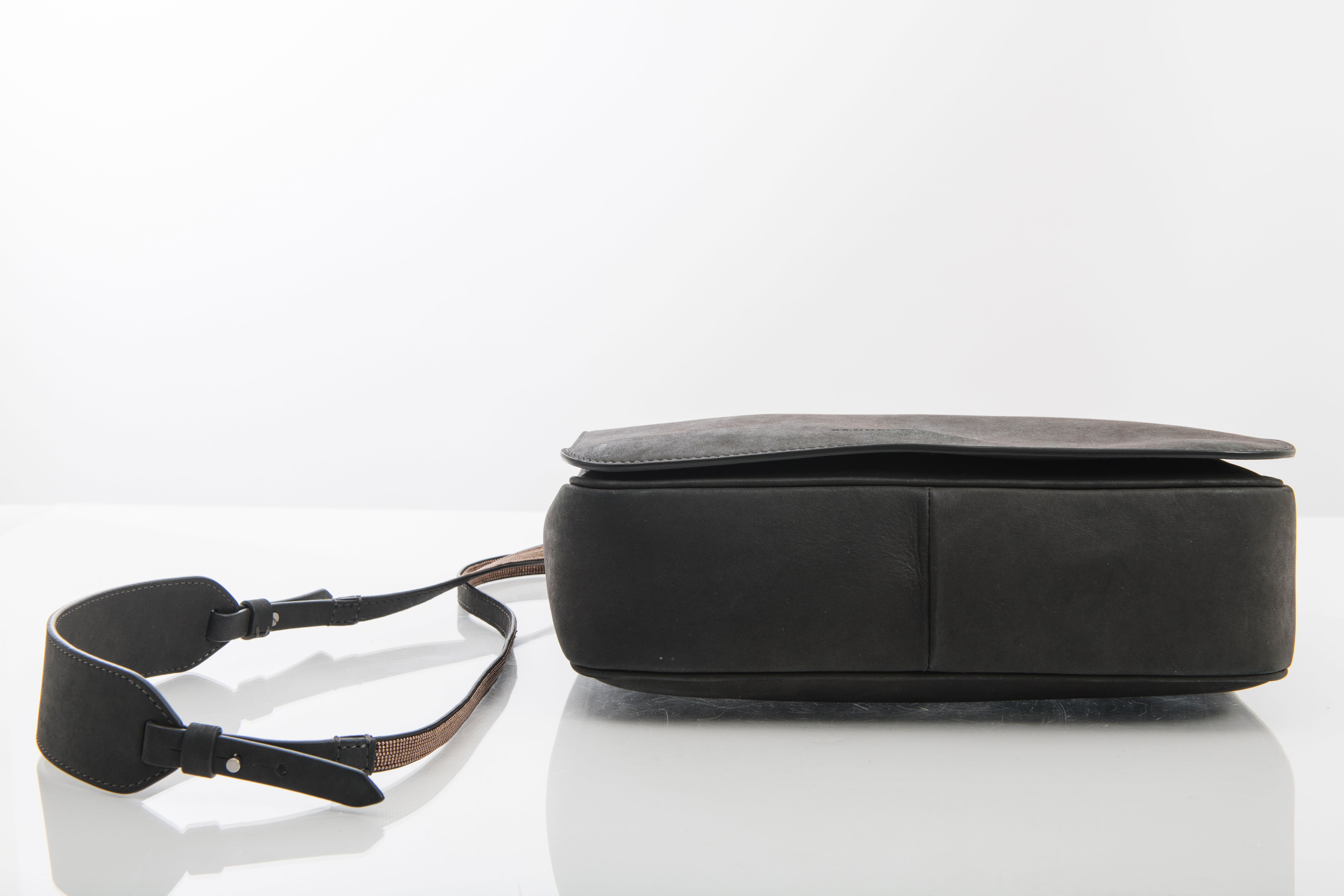 Brunello Cucinelli Genuine Nubuck Leather Messenger Bag for Men - Gray Crossbody Bag with Handcrafted Copper Beaded Strap | Perfect for Work, Travel & Everyday Use