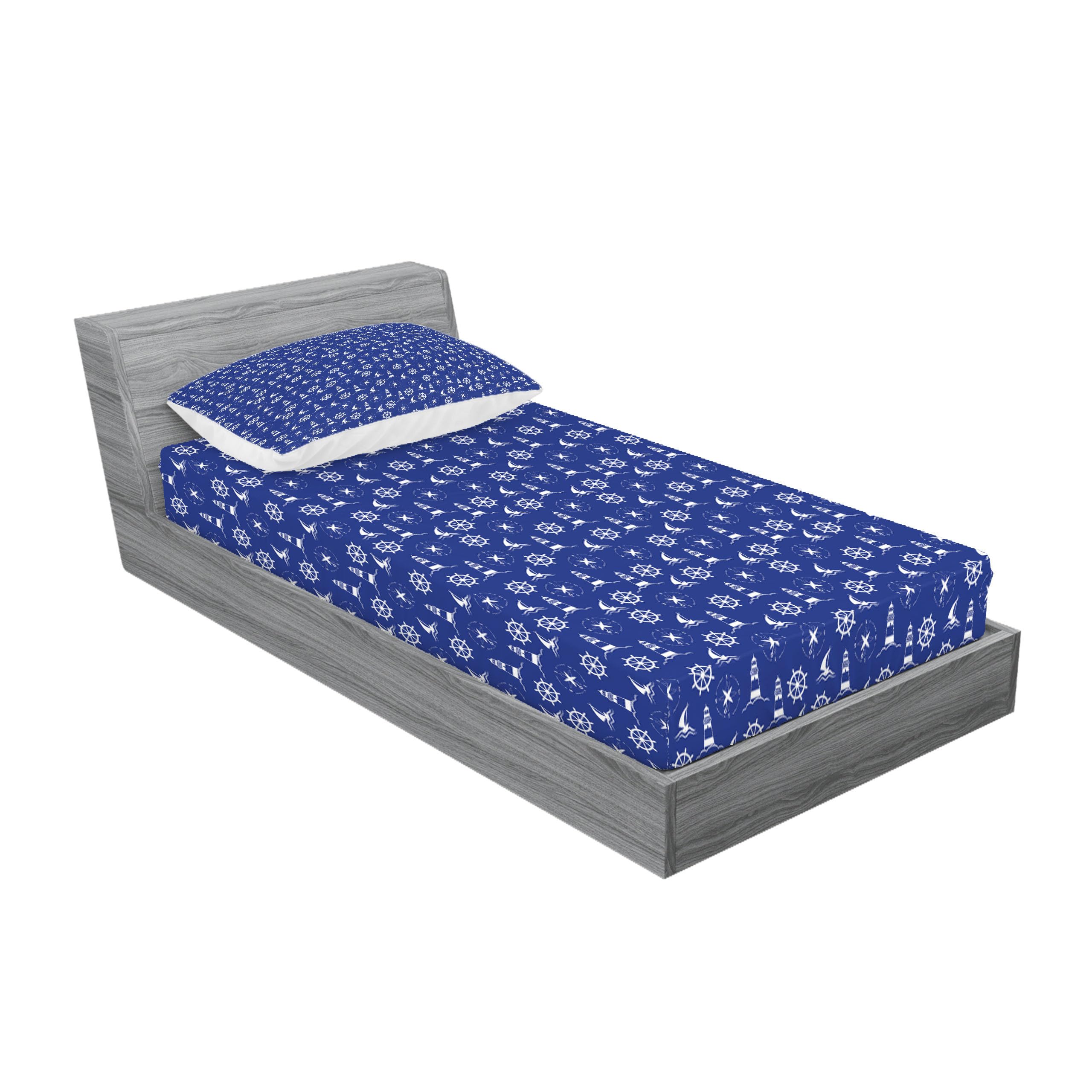 Ambesonne Nautical Lighthouse Fitted Sheet & Pillow Sham Set - Marine Themed Compass, Ships & Steering Wheel Printed Twin Size Bedding - Violet Blue White for Coastal & Beach House Decor